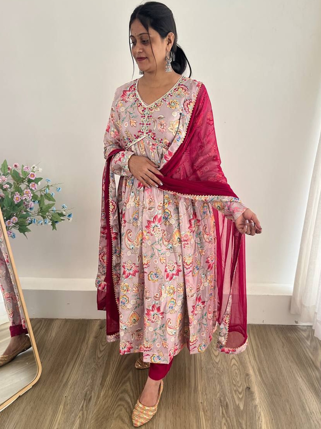 

ZIBLON Floral Printed Beads and Stones Anarkali Kurta with Trousers & Dupatta, Pink