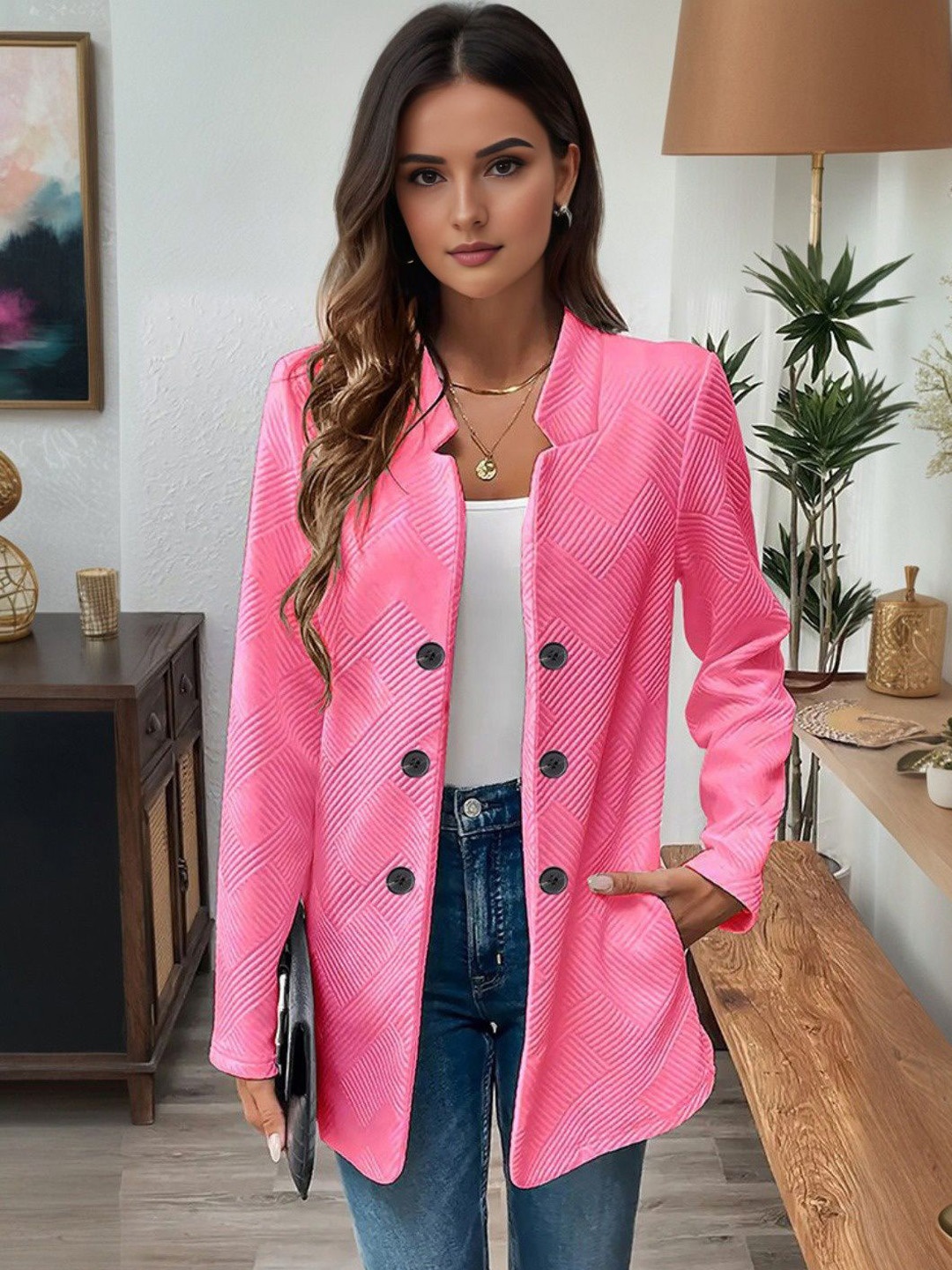 

StyleCast Women Collarless Self Design Cotton Casual Tailored Jacket, Pink