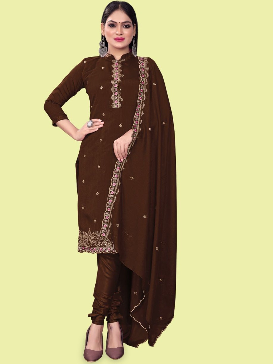 

JULEE Ethnic Motifs Embroidered Beads and Stones Pure Silk Unstitched Dress Material, Brown