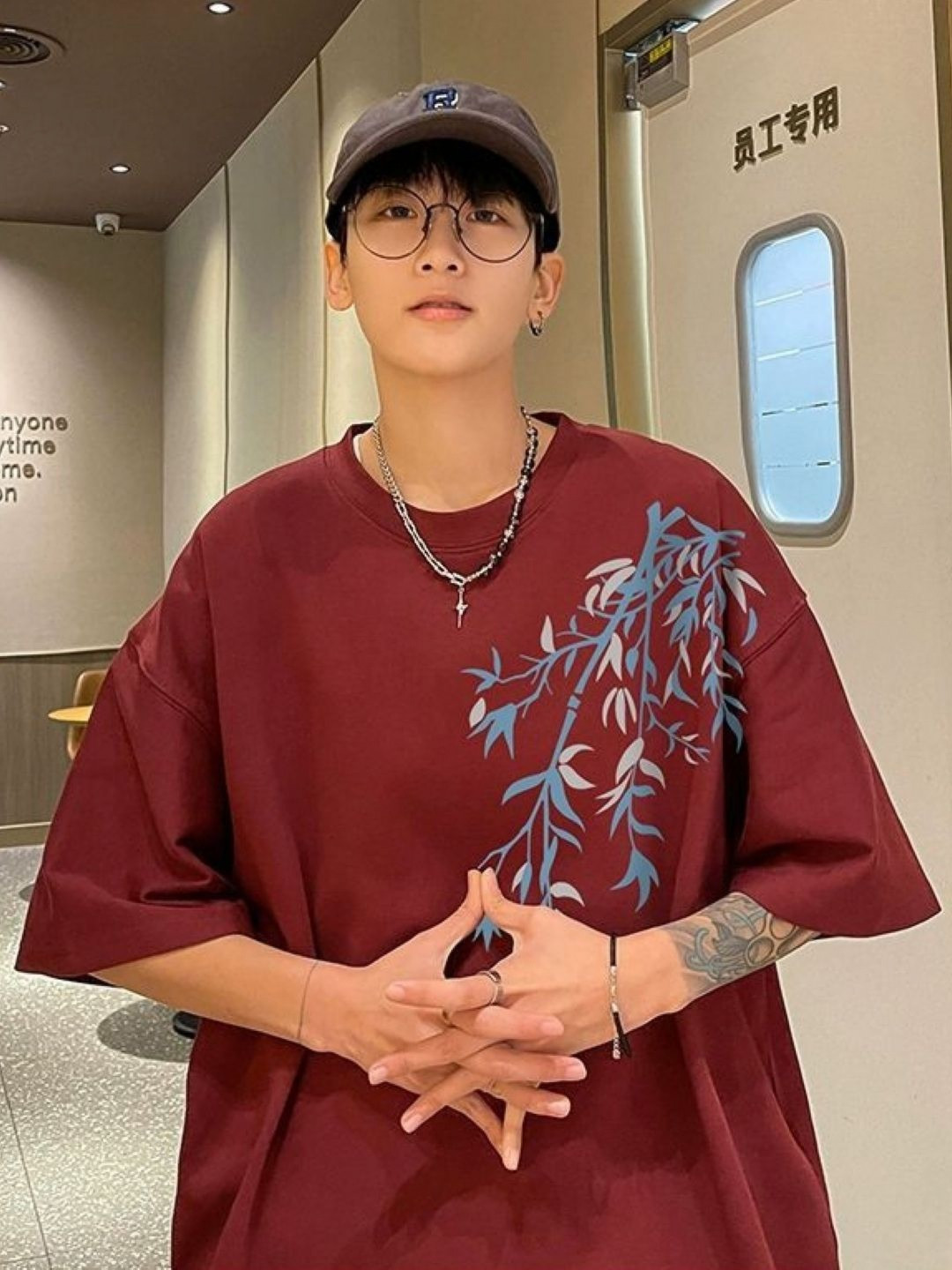 

HERE&NOW Men Floral Printed Round Neck Cotton Oversized T-shirt, Red