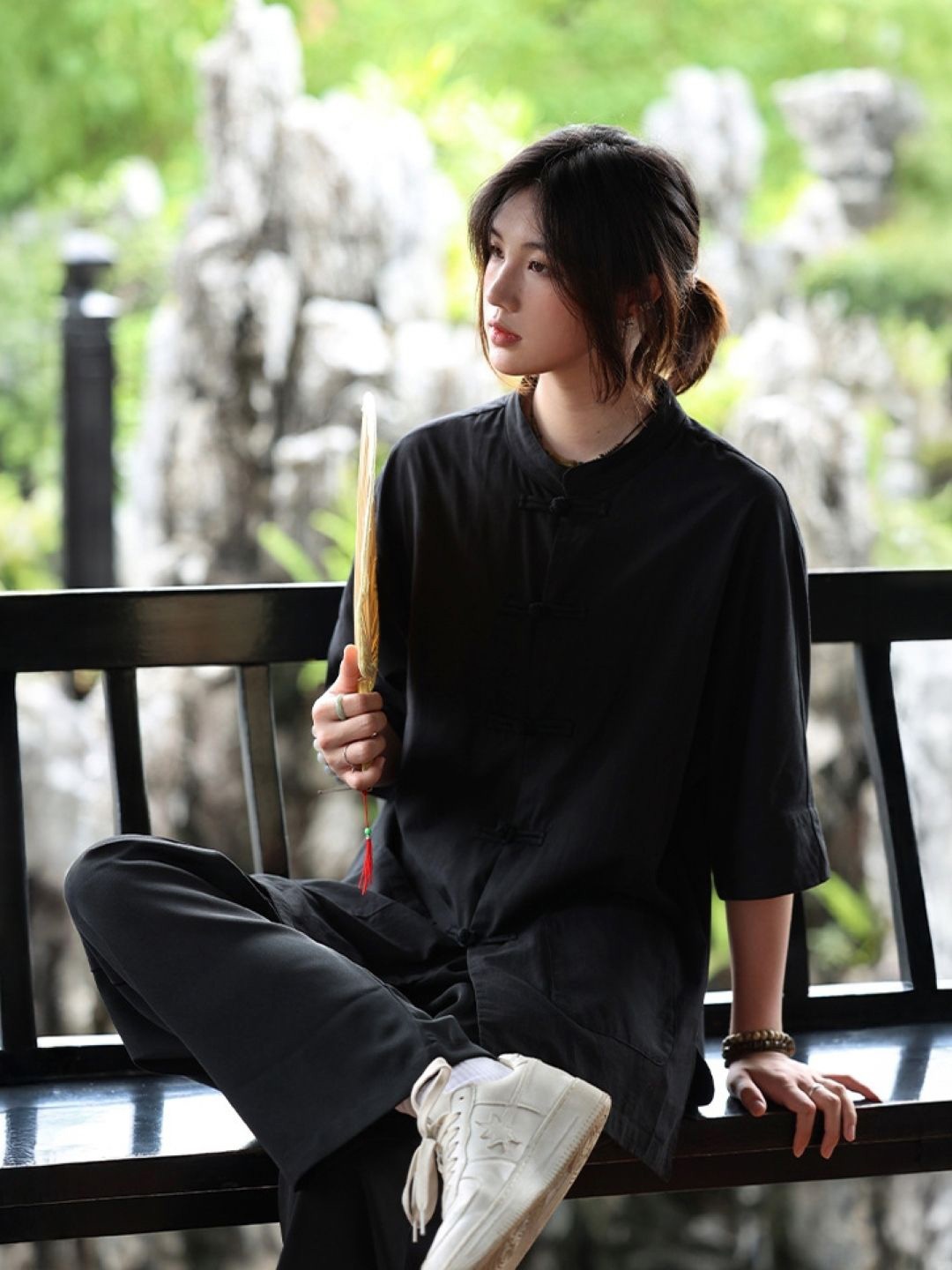 

HERE&NOW Women Mandarin Collar Solid Casual Oversized Shirt, Black