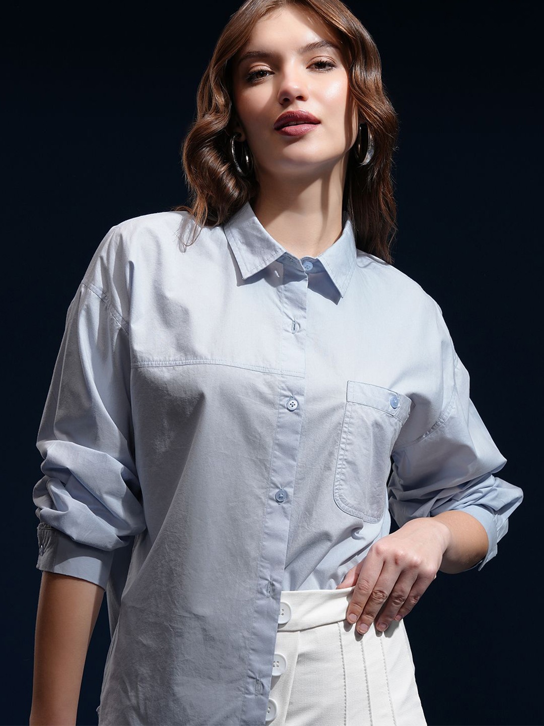 

CHIC BY TOKYO TALKIES Women Spread Collar Solid Cotton Oversized Casual Shirt, Blue