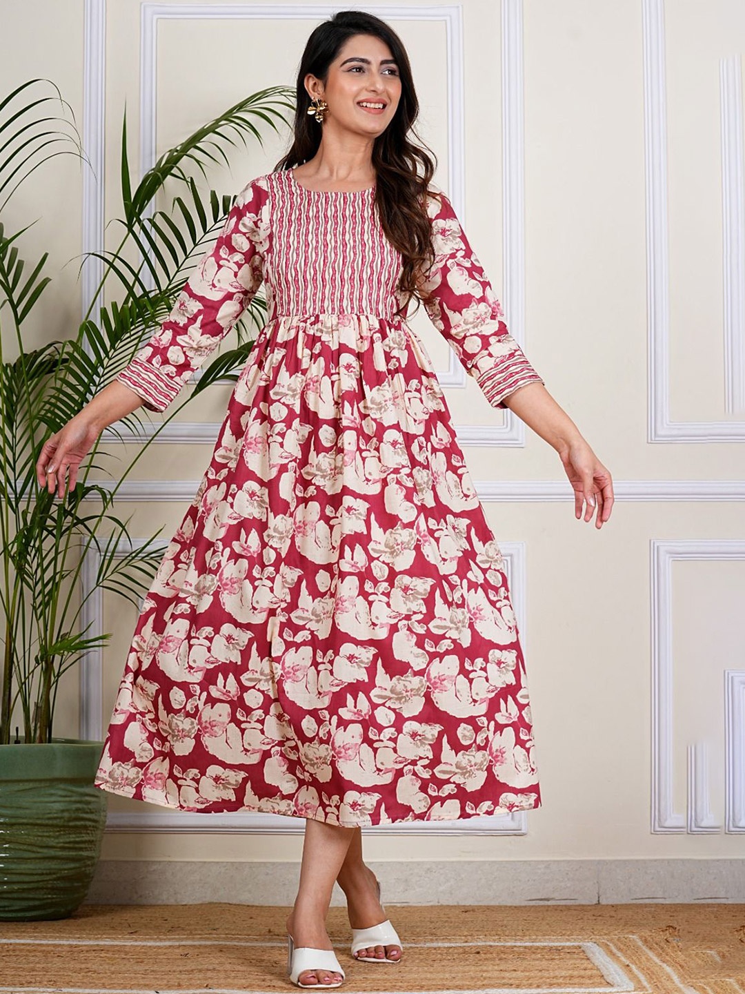 

Twirl Tales Women Floral Printed Cotton Fit & Flare Midi Dress, Pink