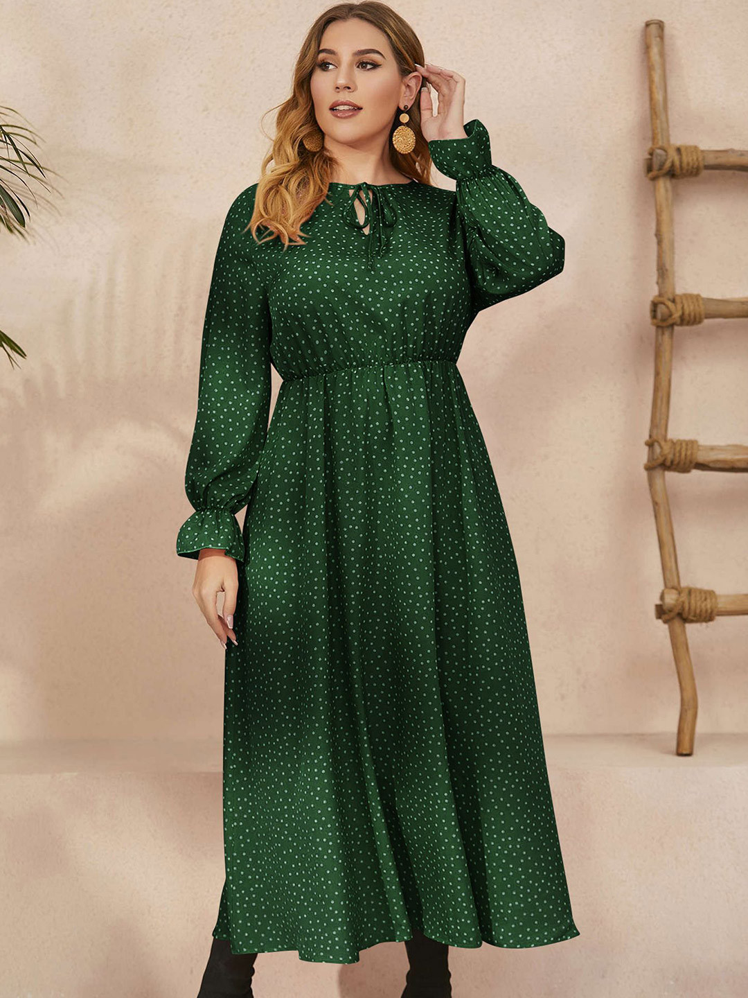 

StyleCast Curve Women Printed Tie-Up Neck A-Line Dress, Green