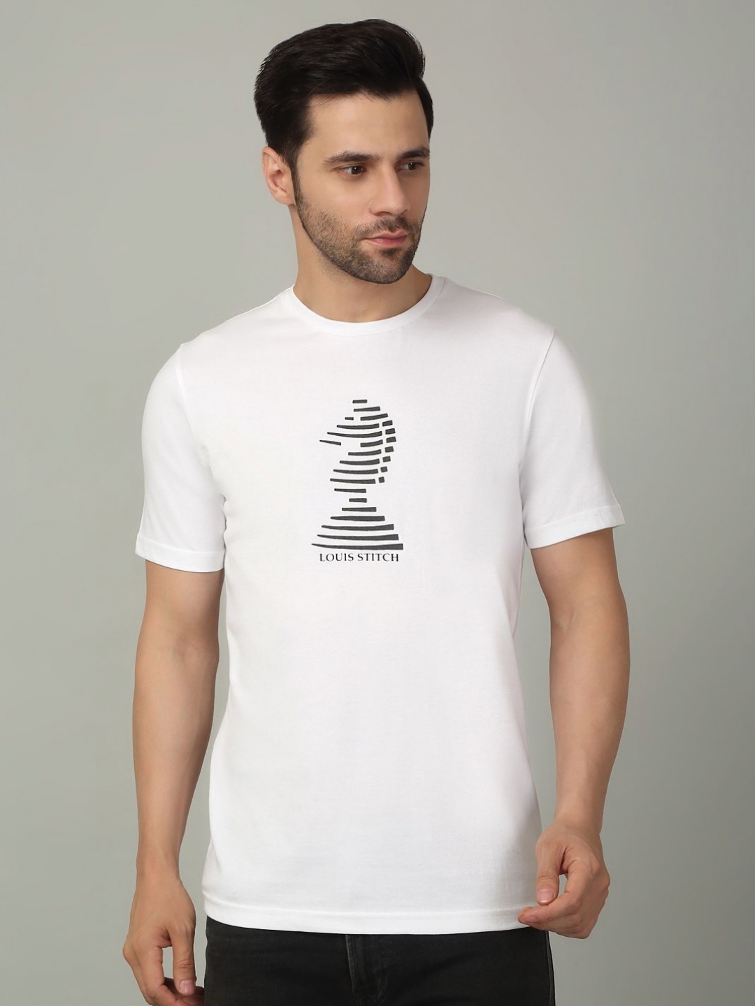 

LOUIS STITCH Men Graphic Printed Round Neck Cotton T-shirt, White