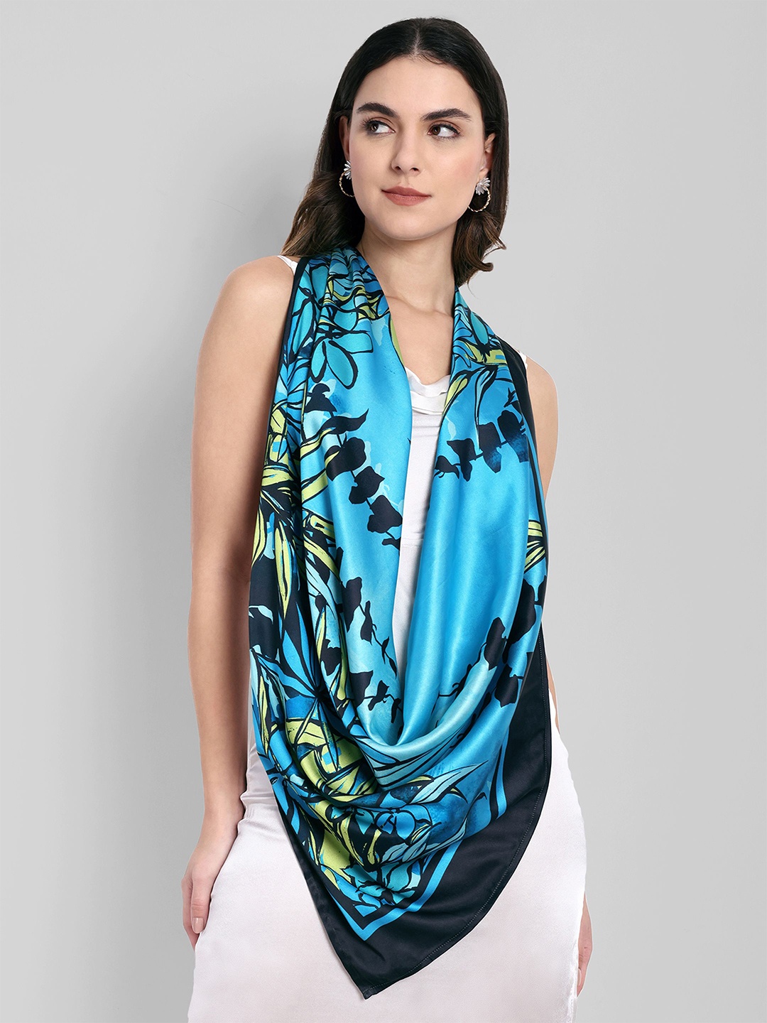 

Sarisp Women Satin Printed Scarf, Turquoise blue