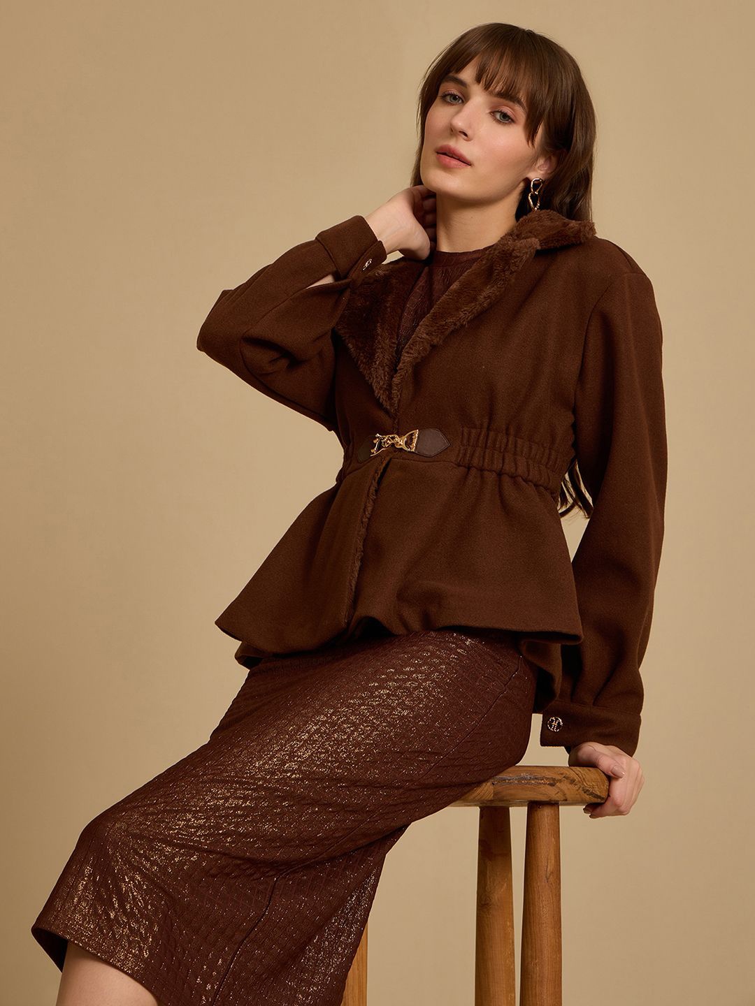 

Kazo Women Lapel Collar Solid Formal Parka Jacket, Brown
