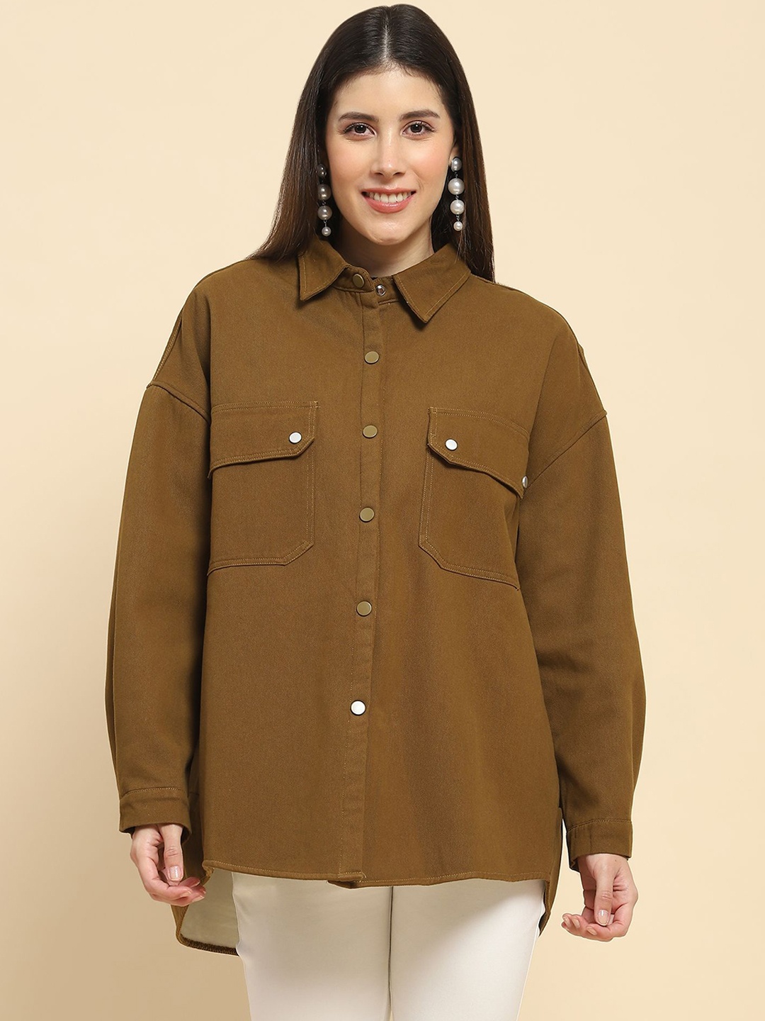 

Global Republic Women Spread Collar Solid Cotton Casual Oversized Shacket, Brown