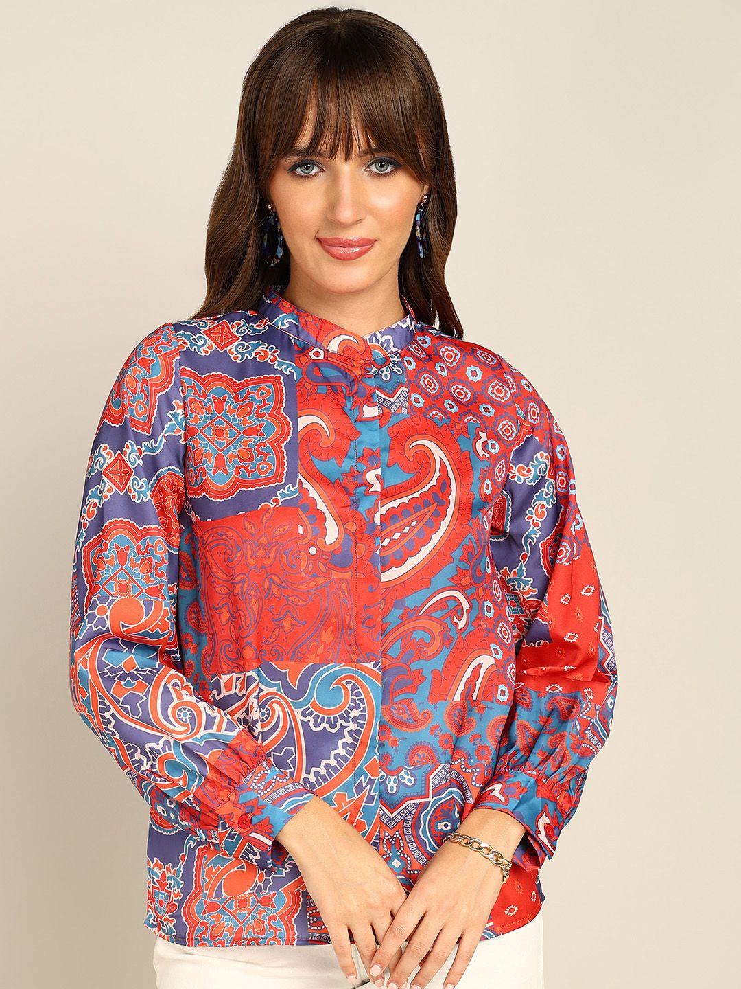 

all about you Women Classic Mandarin Collar Ethnic Motifs Printed Formal Shirt, Blue