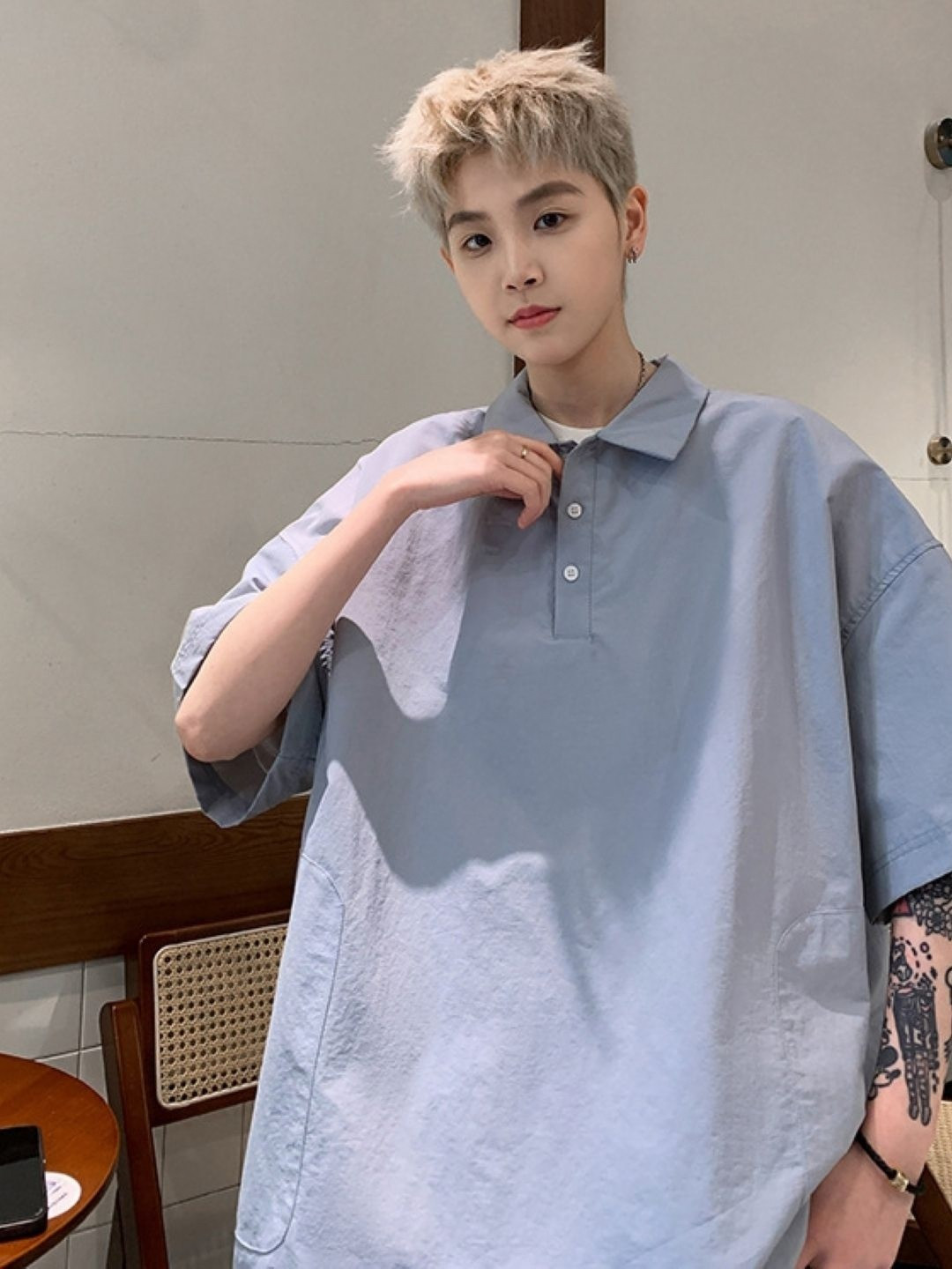 

HERE&NOW Men Solid Polo Collar Oversized T-shirt, Blue