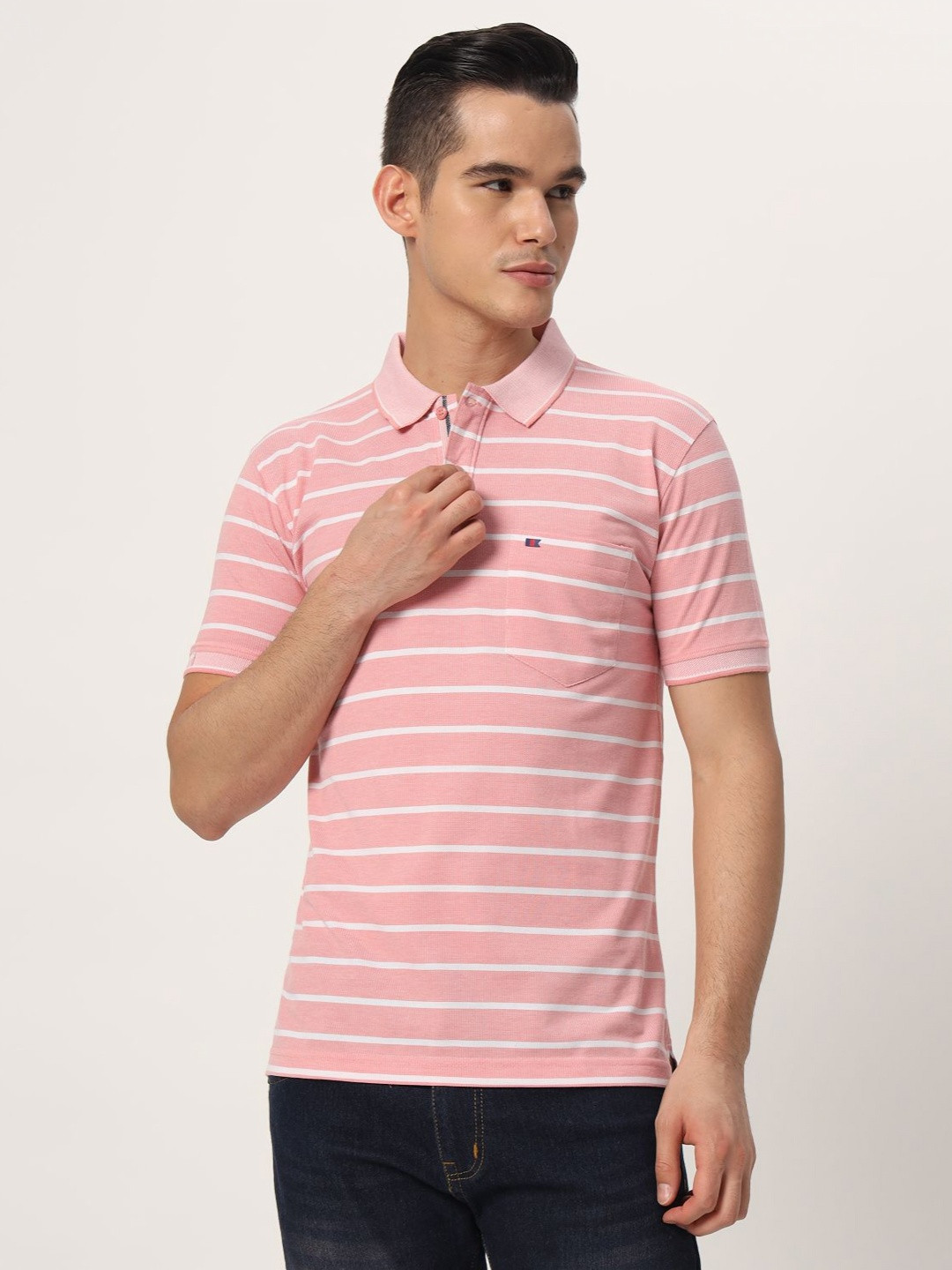

TAB91 Men Striped Polo Collar Cotton T-shirt, Pink