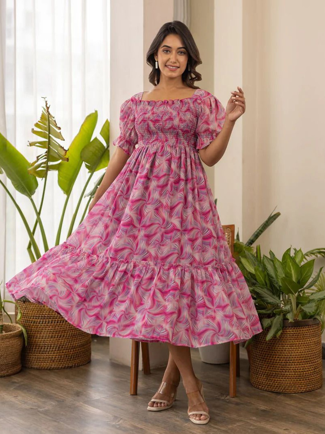 

BAESD Women Floral Printed Cotton Fit & Flare Maxi Dress, Pink