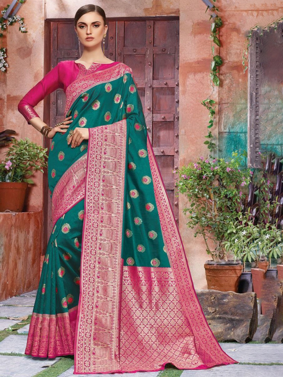 

Wuxi Woven Design Zari Pure Silk Banarasi Saree, Teal