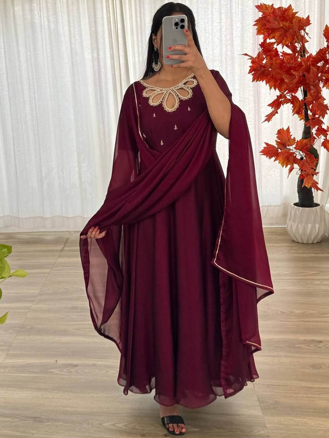 

ZIBLON Floral Embriodered Anarkali Kurta with Trousers & Dupatta, Maroon