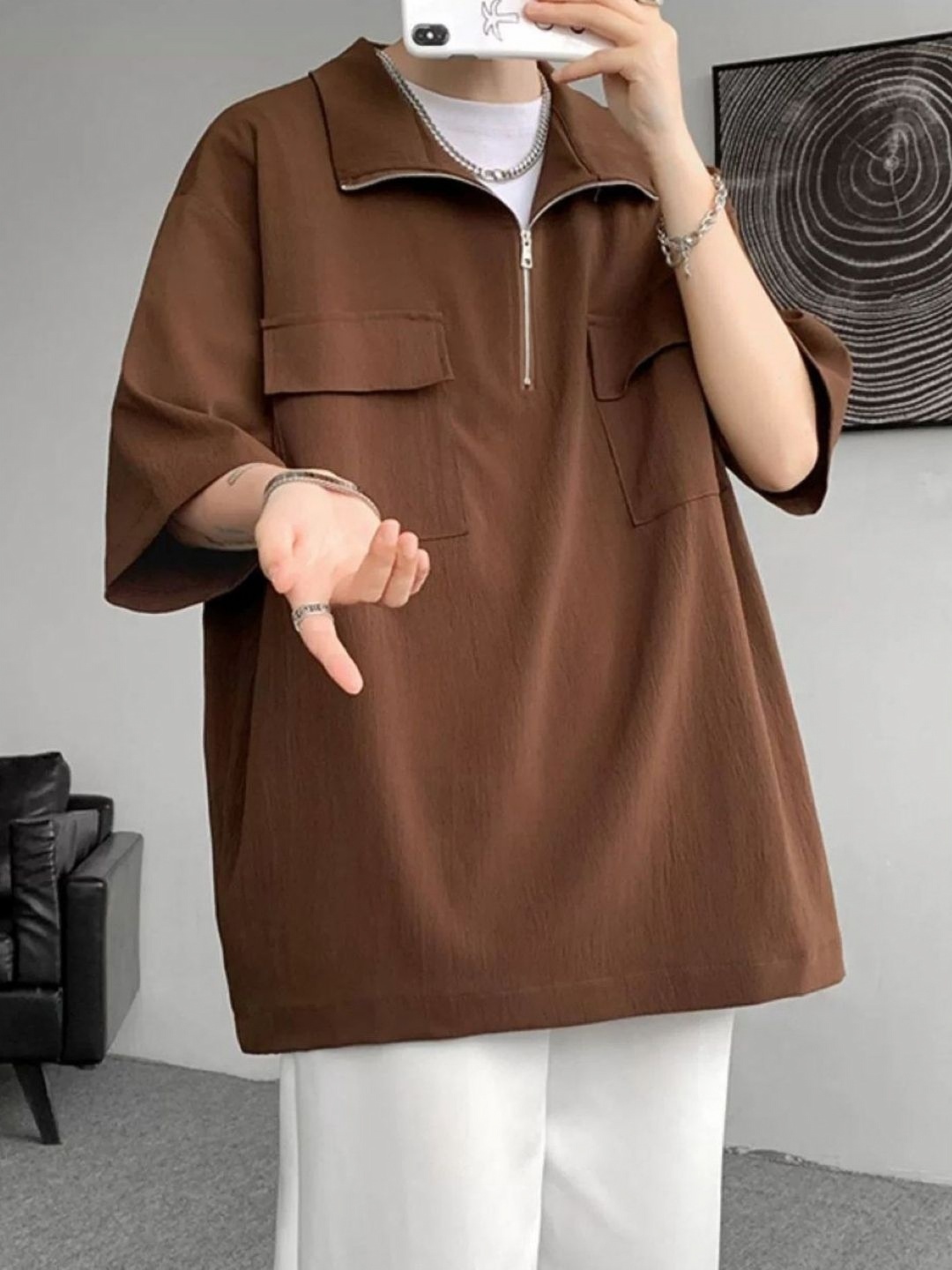 

HERE&NOW Men Self Design High Neck Oversized T-shirt, Brown