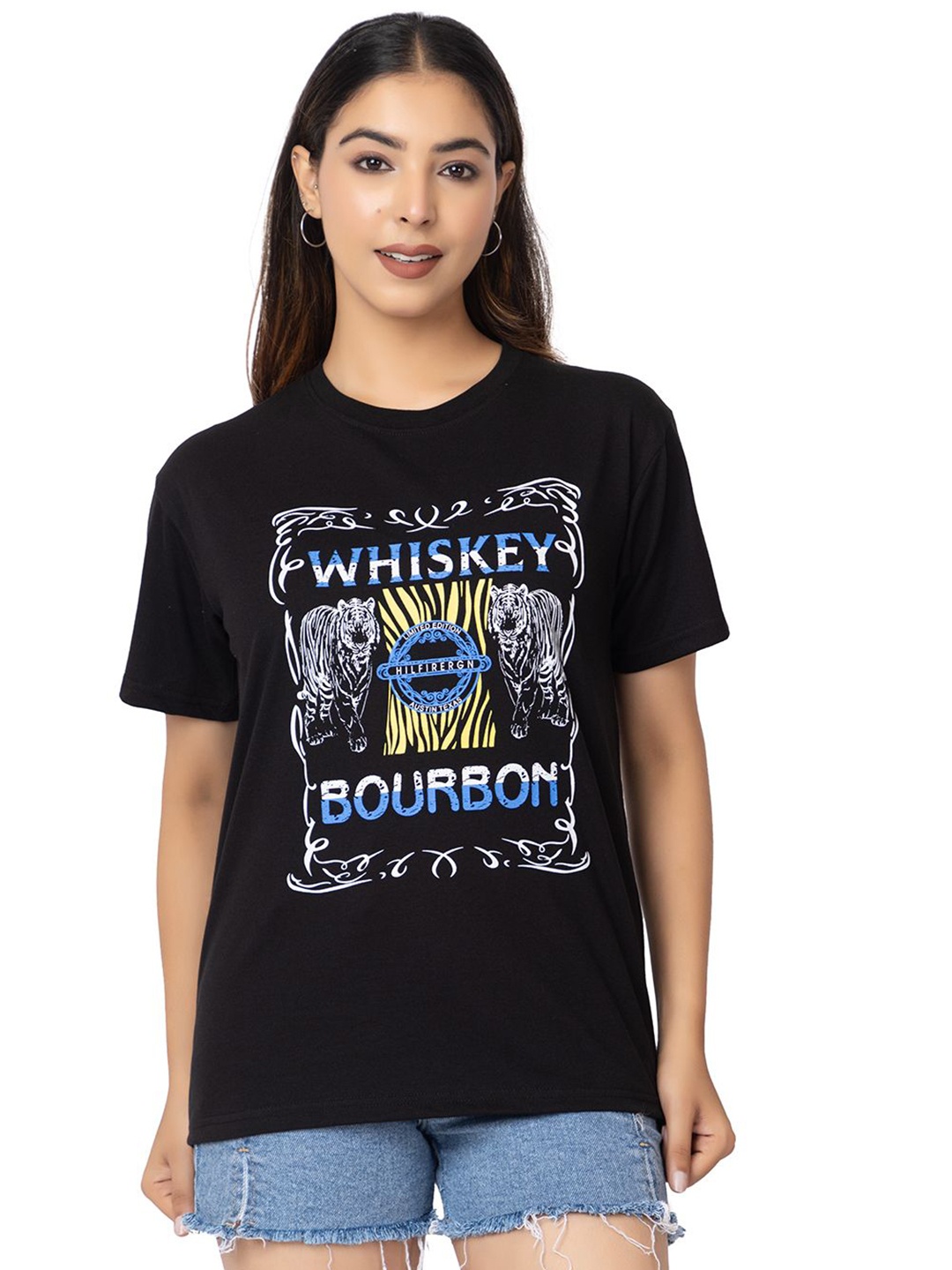 

HILFIRE REGION Women Graphic Printed Round Neck Cotton T-shirt, Black