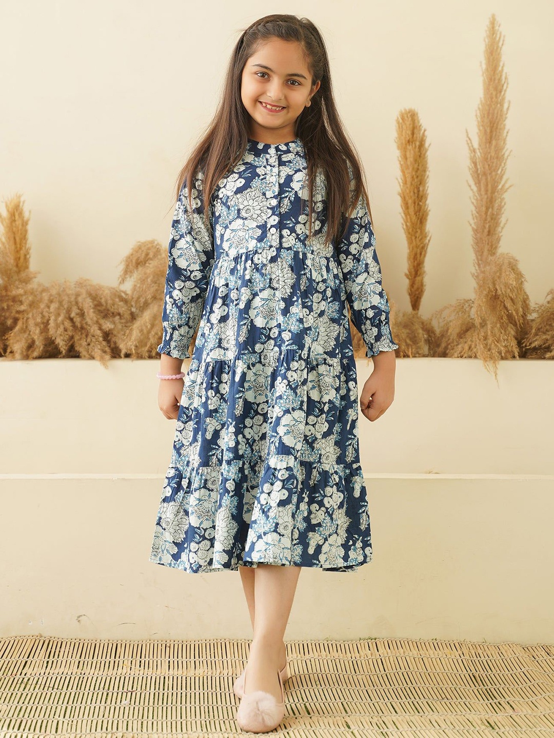 

BAESD Print Puff Sleeve Applique Fit & Flare Dress, Blue