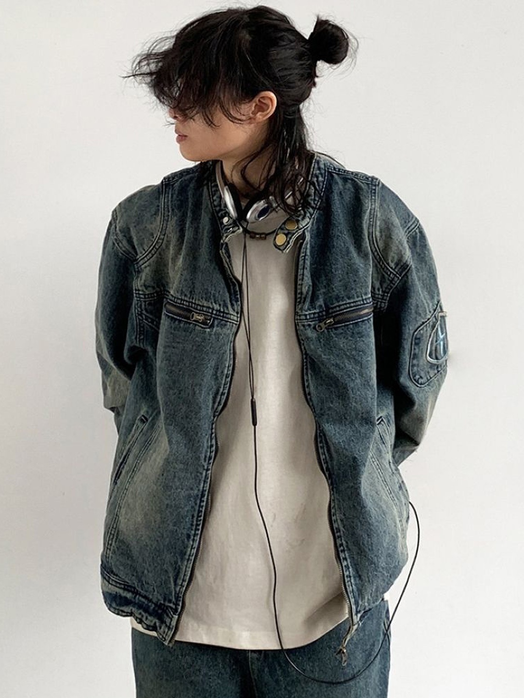 

HERE&NOW Men Mandarin Collar Washed Casual Denim Jacket, Blue