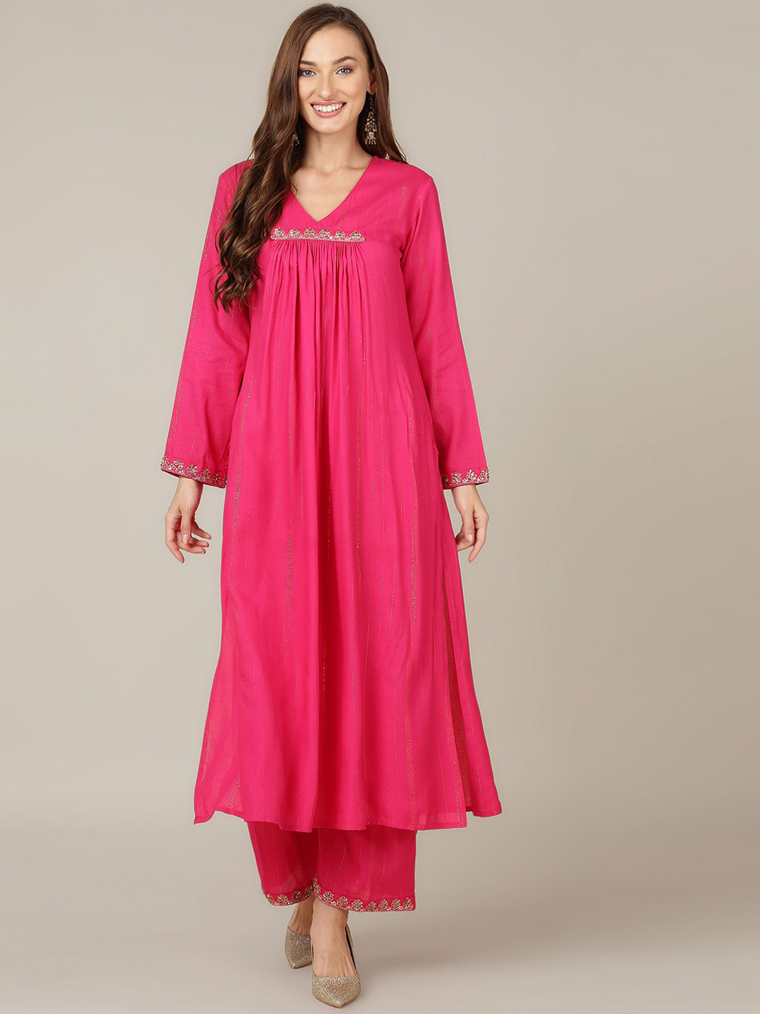 

HERE&NOW Floral Embroidered Regular Thread Work Anarkali Kurta with Palazzos, Pink
