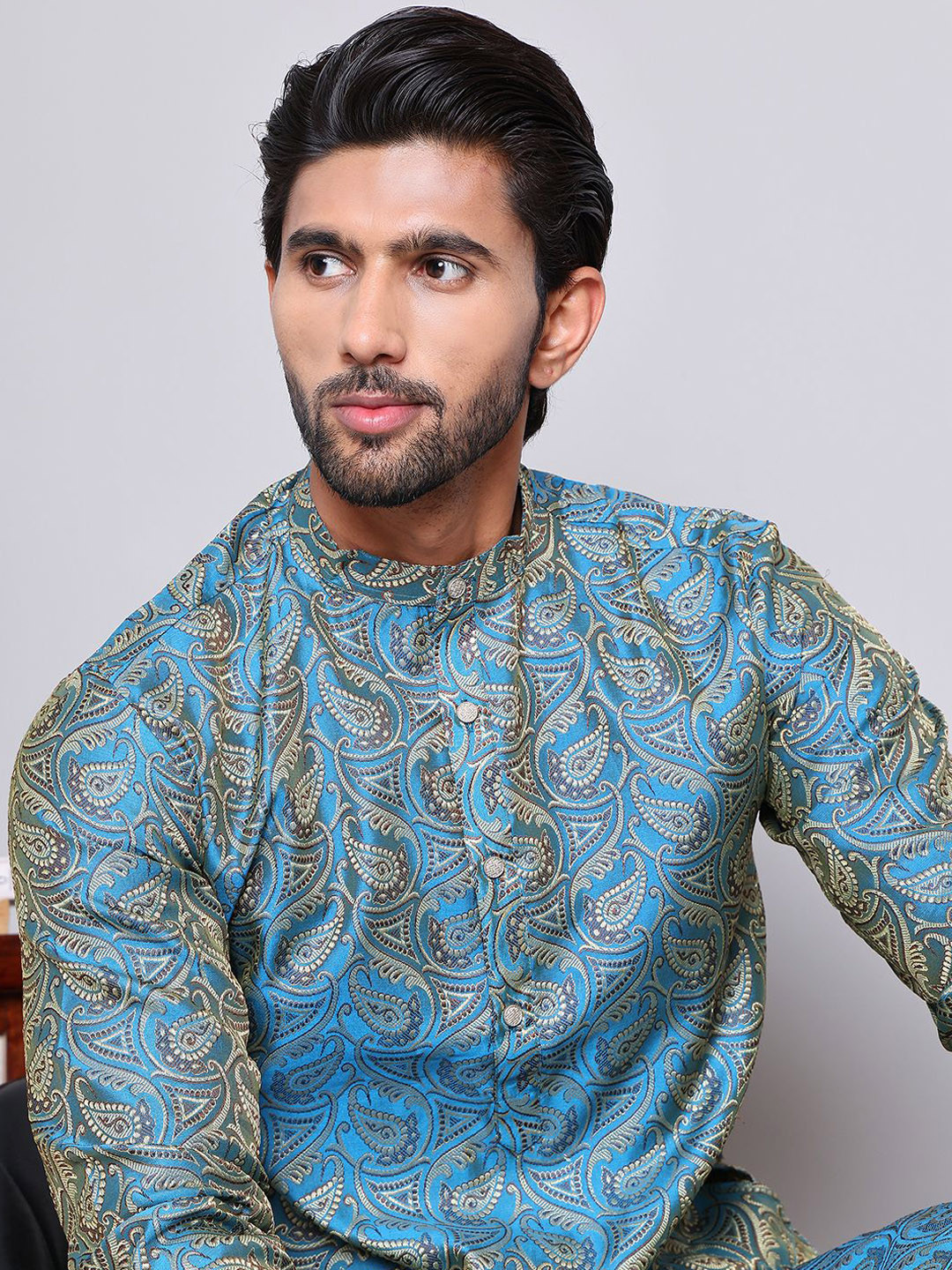 

Jompers Paisley Woven Design Mandarin Collar Jacquard Weave Silk Cotton Kurta with Pyjamas, Blue