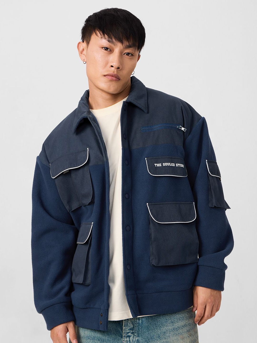 

The Souled Store Men Spread Collar Solid Casual Bomber Jacket, Navy blue