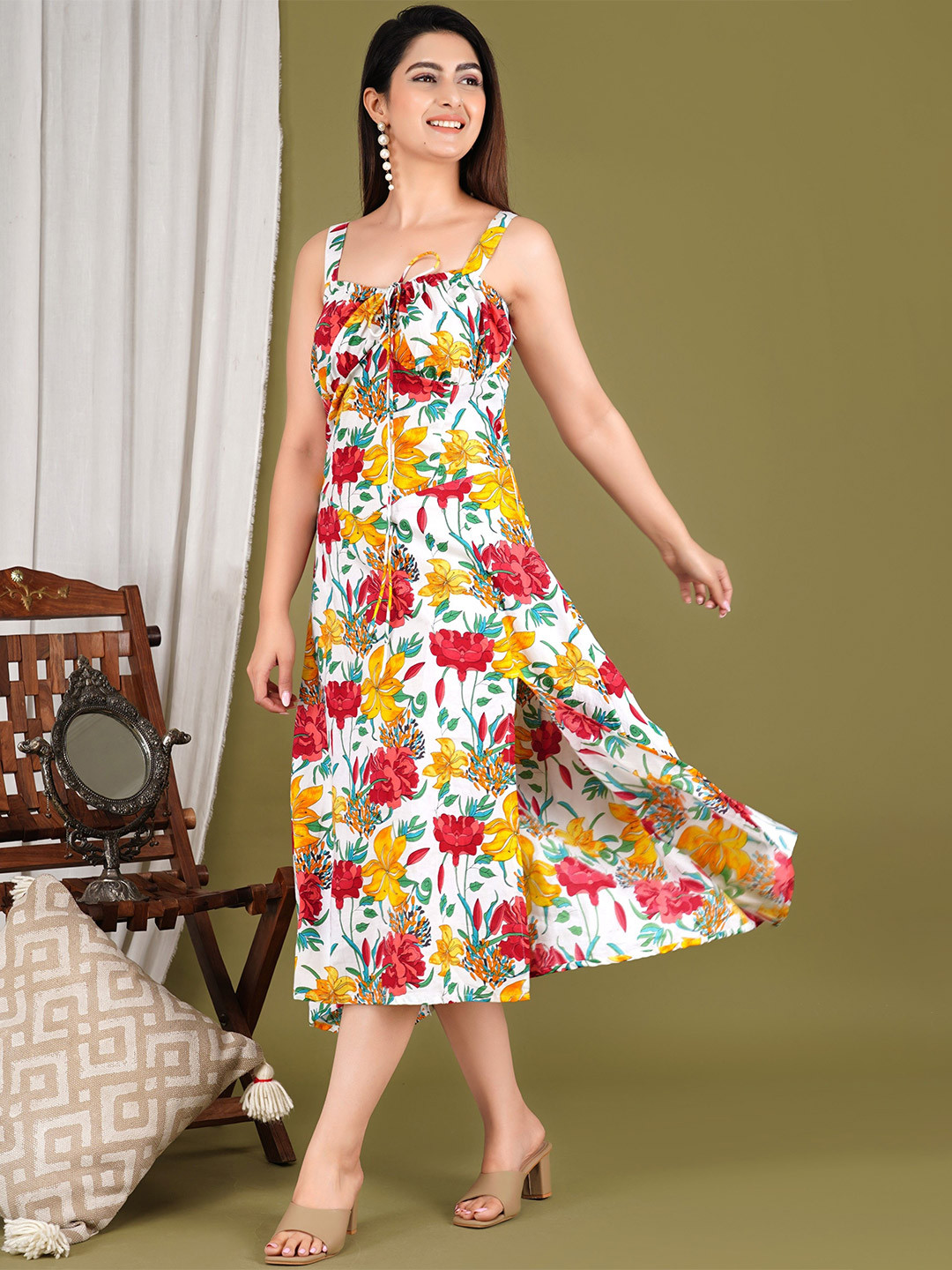 

ELYRAA Women Cotton Floral Printed A-Line Dress, White