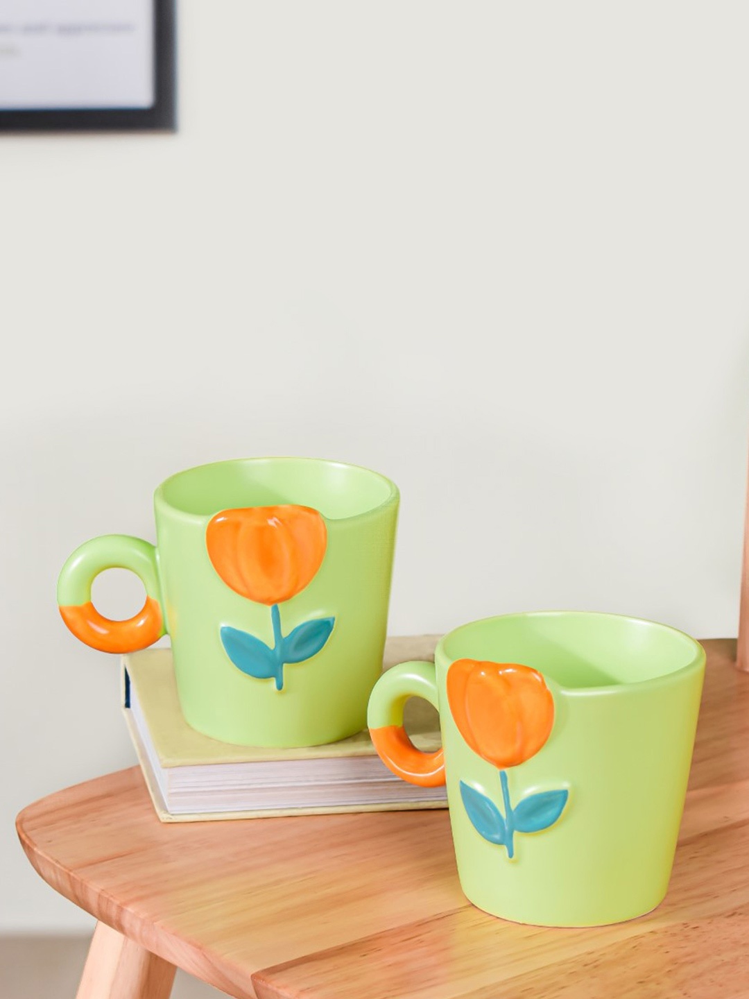 

Nestasia 2 Pcs Green & Orange Floral Textured Ceramic Glossy Mugs