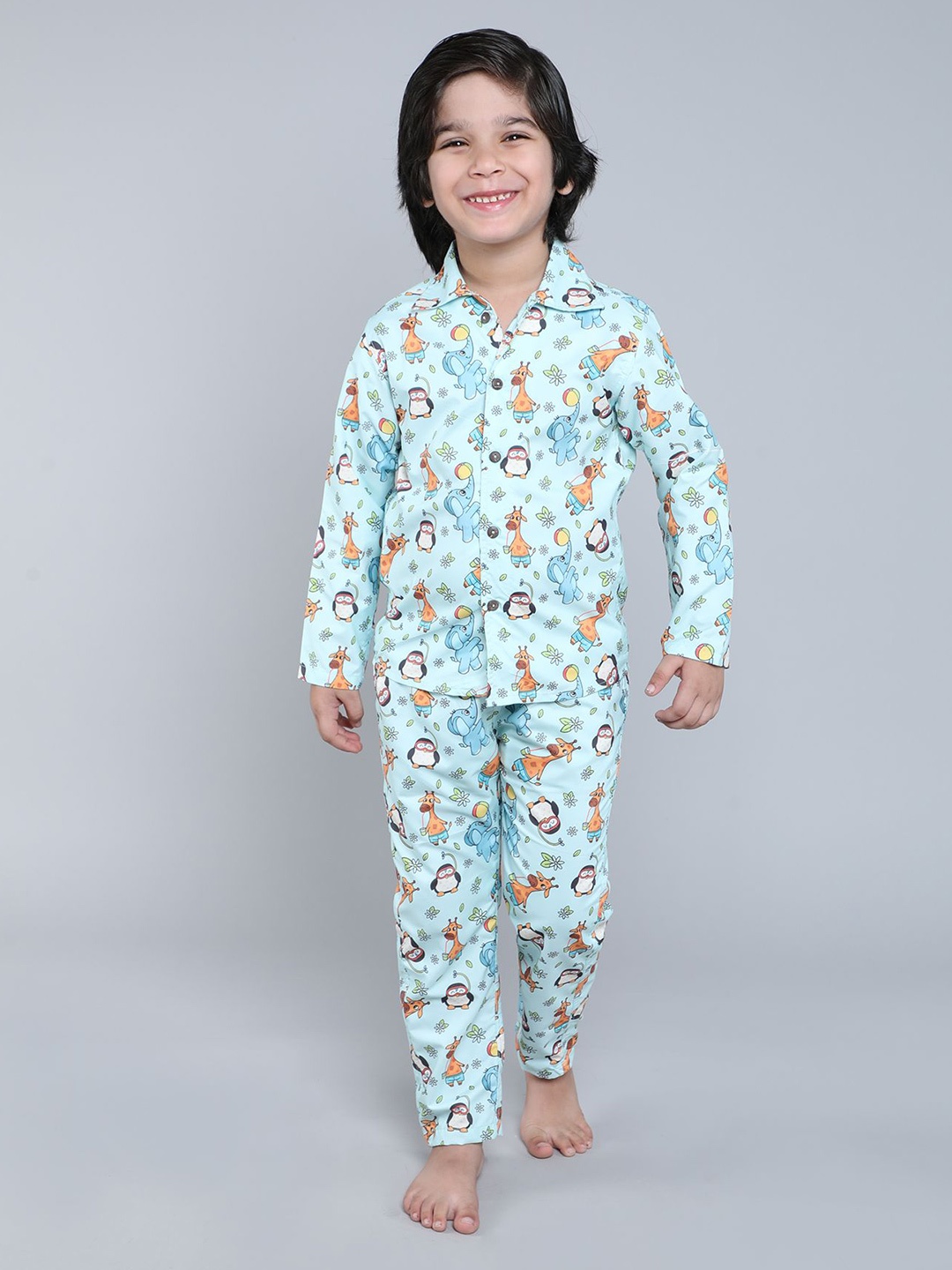 

BAATCHEET Boys Printed Lapel Collar Pure Cotton Shirt with Trousers, Blue