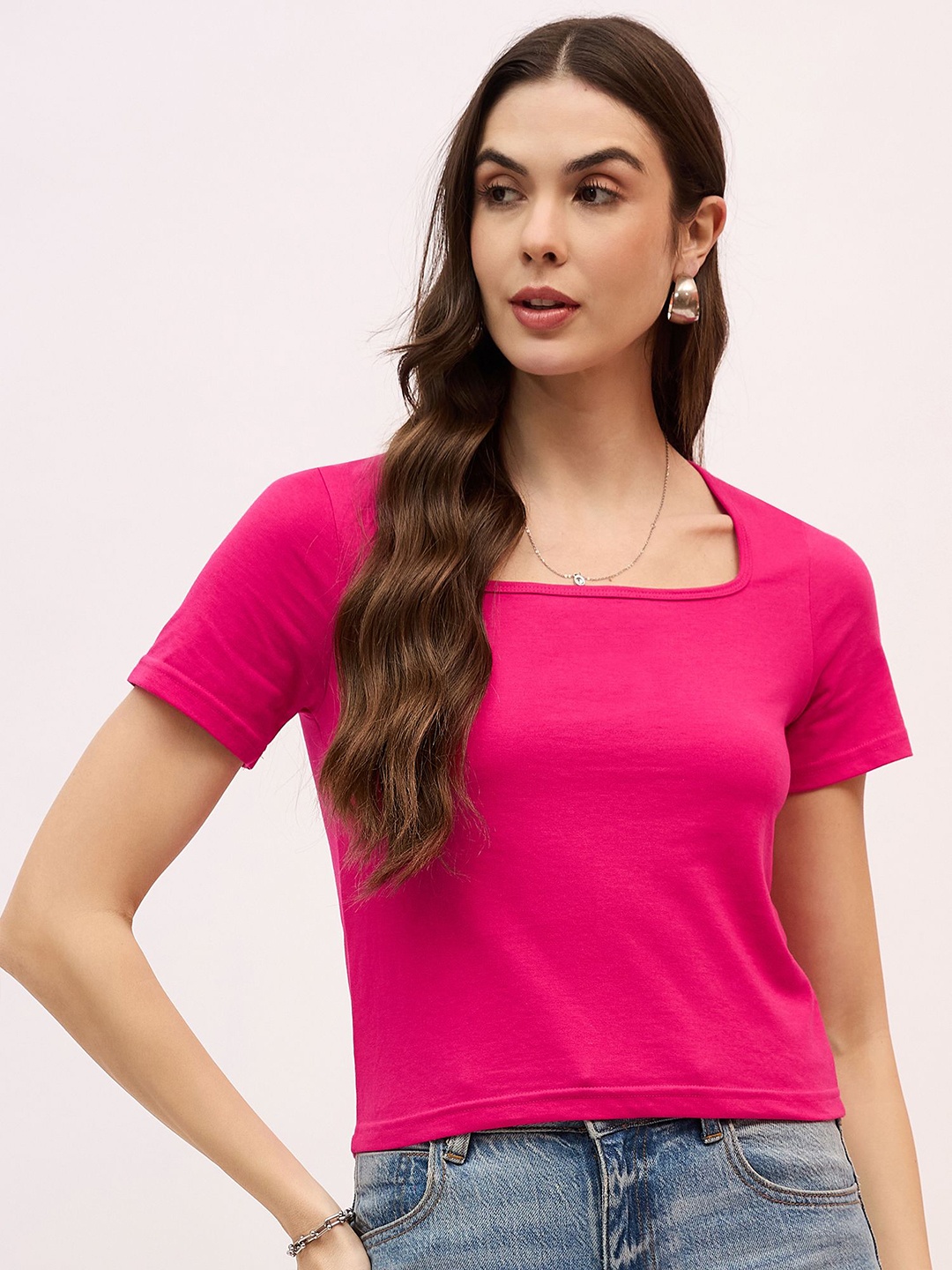 

Mayra Women Solid Scoop Neck Cotton T-shirt, Fuchsia