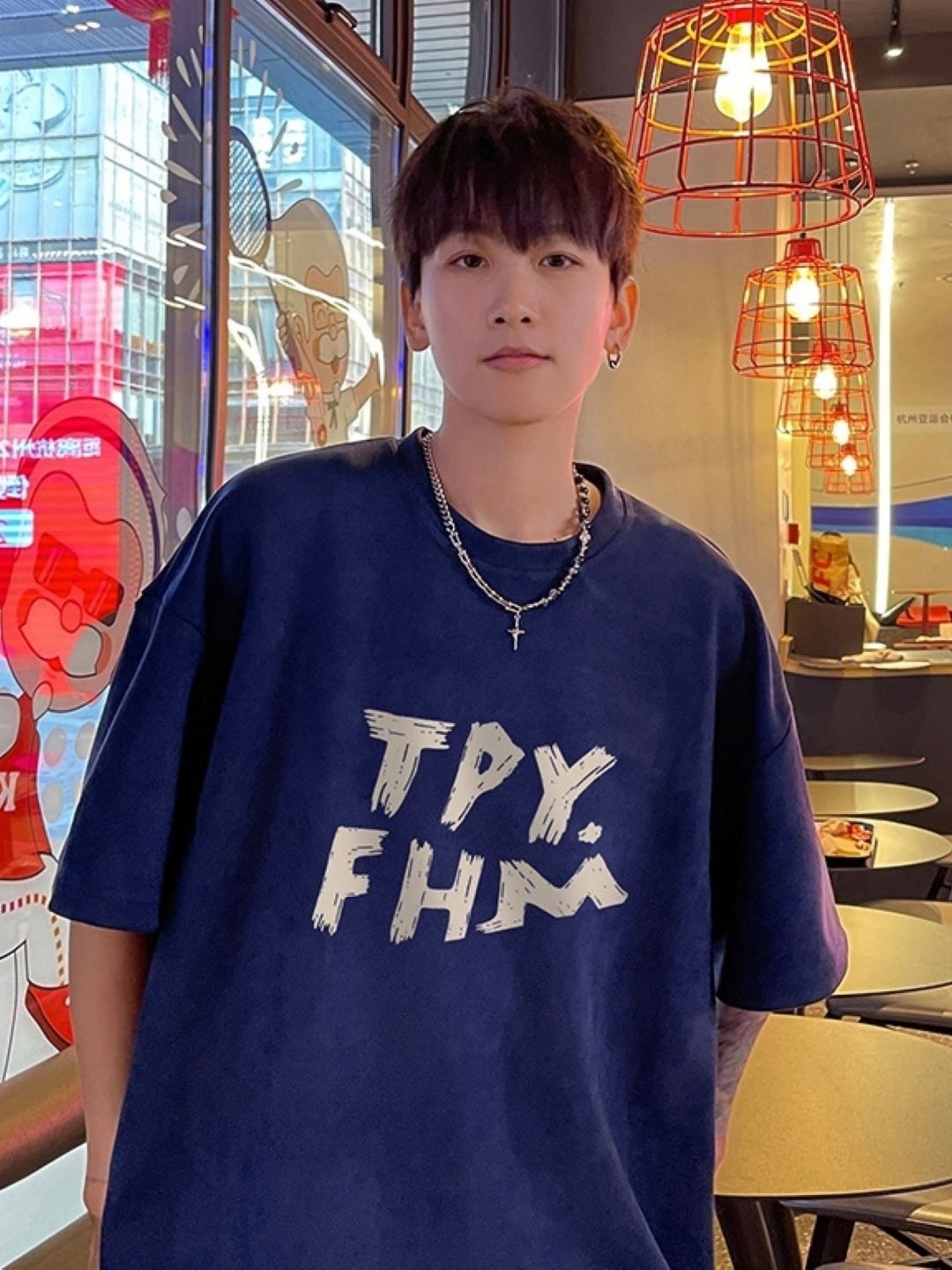 

HERE&NOW Men Typography Printed Round Neck Oversized T-shirt, Navy blue