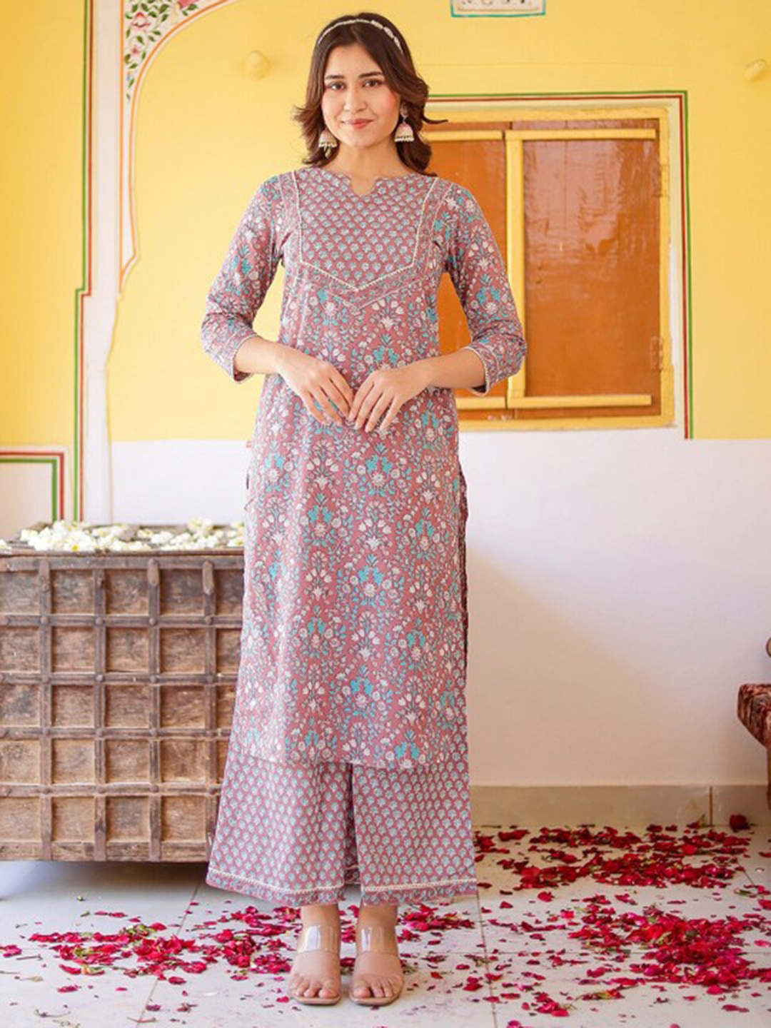 

Chandbaali Ethnic Motifs Printed Pure Cotton Straight Kurta With Sharara, Brown