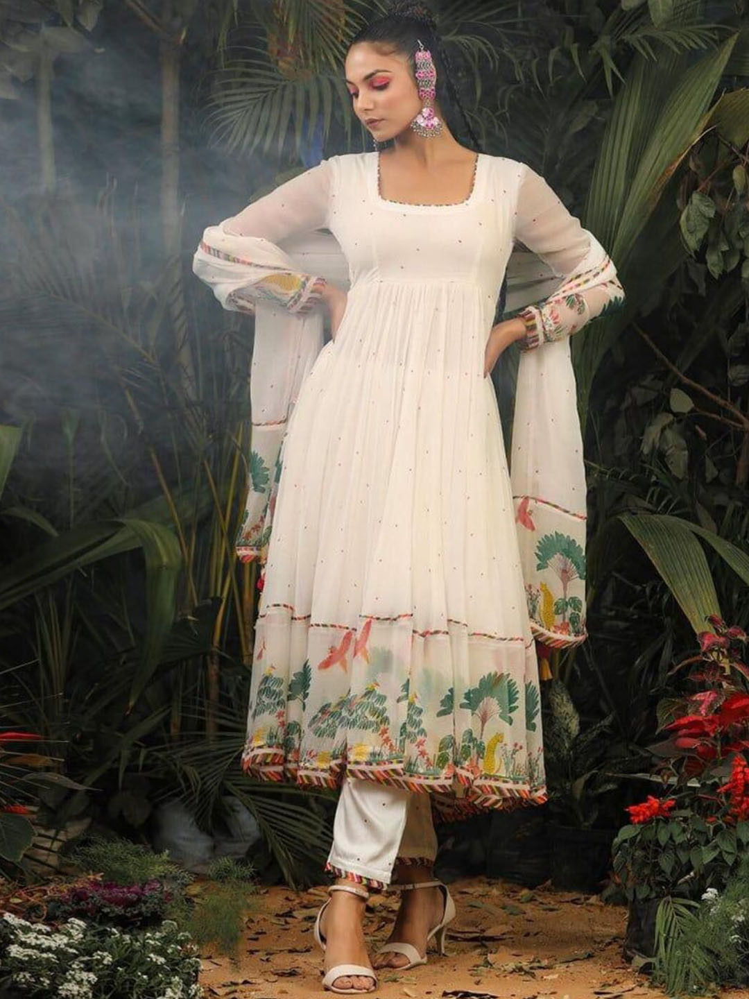 

SHIJILA Polka Dots Printed Square Neck Layered Georgette Kurta With Trouser With Dupatta, Cream