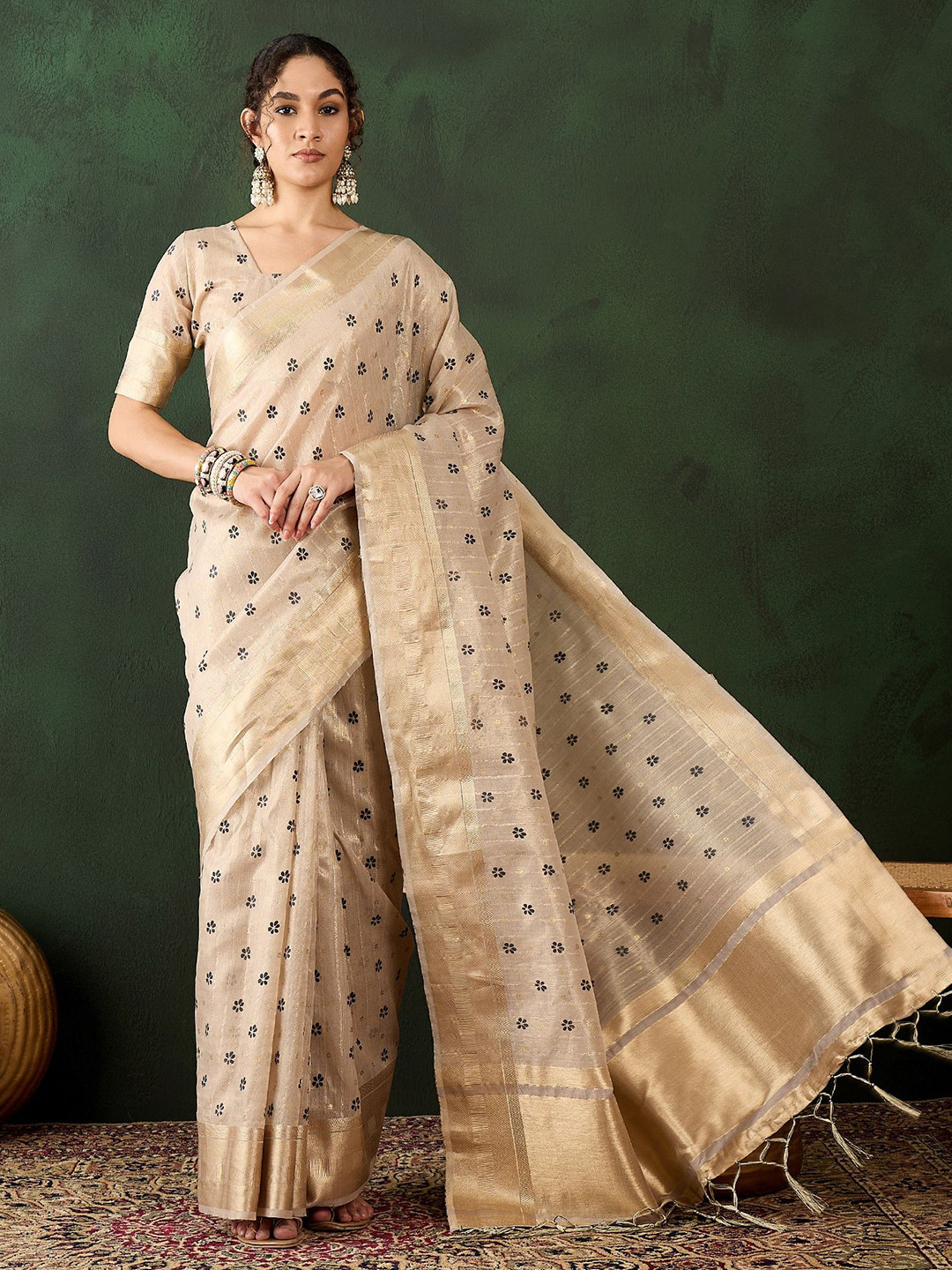 

Mitera Floral Woven Design Zari Organza Saree, Beige