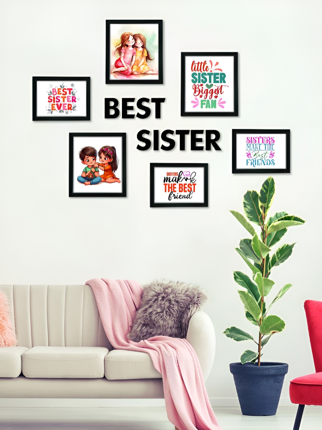 

RANDOM Black 6 Pieces MDF Wall Photo Frames With Best Sister Plaque