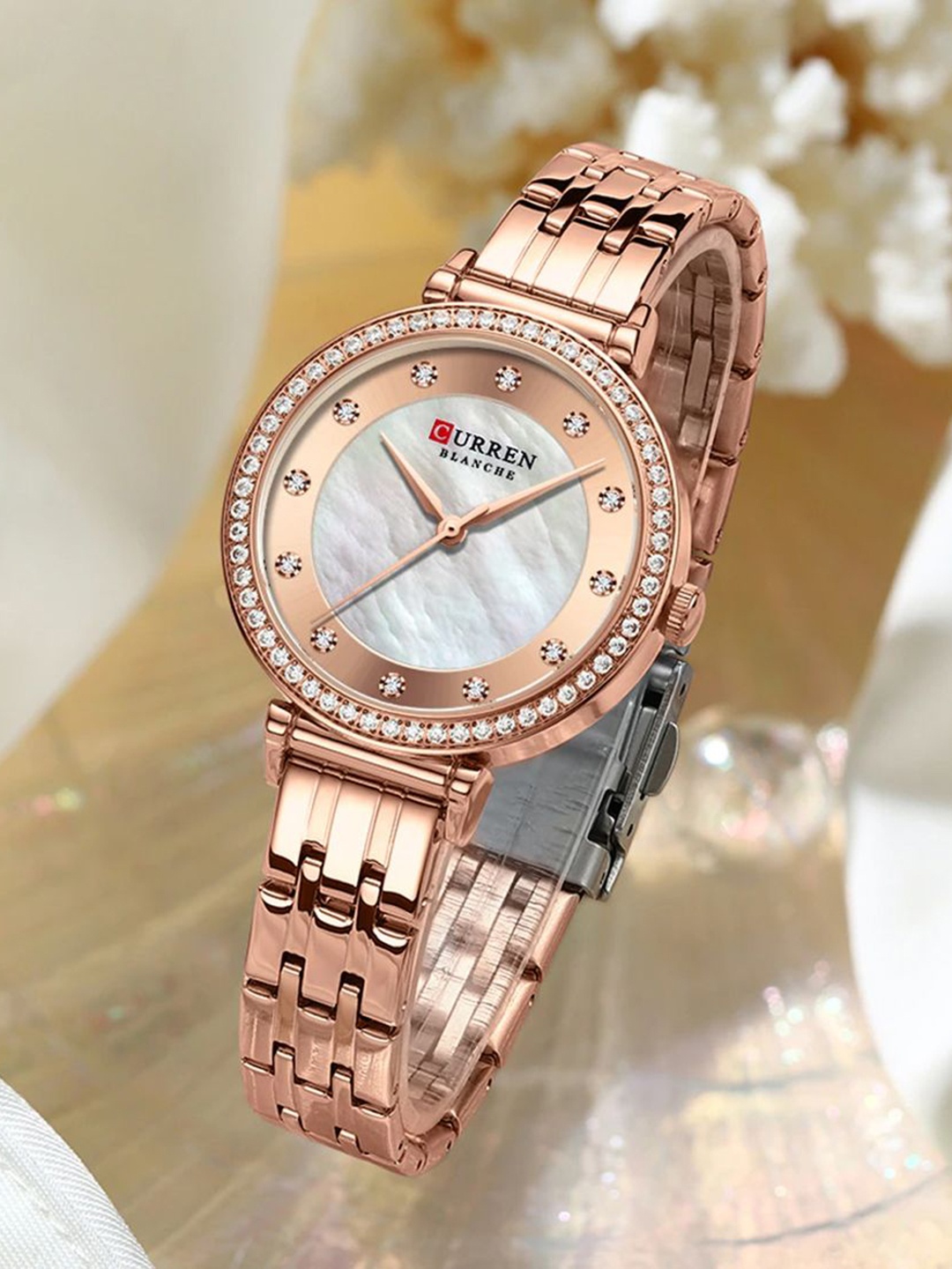 

Curren Women Brass Embellished Dial Analogue Watch 9087-Rose-White, Rose gold