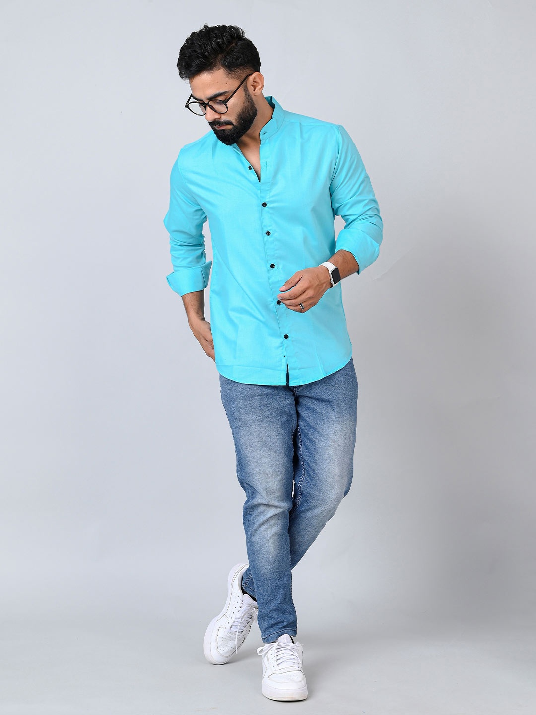 

Tanip Men Mandarin Collar Solid Cotton Casual Shirt, Blue