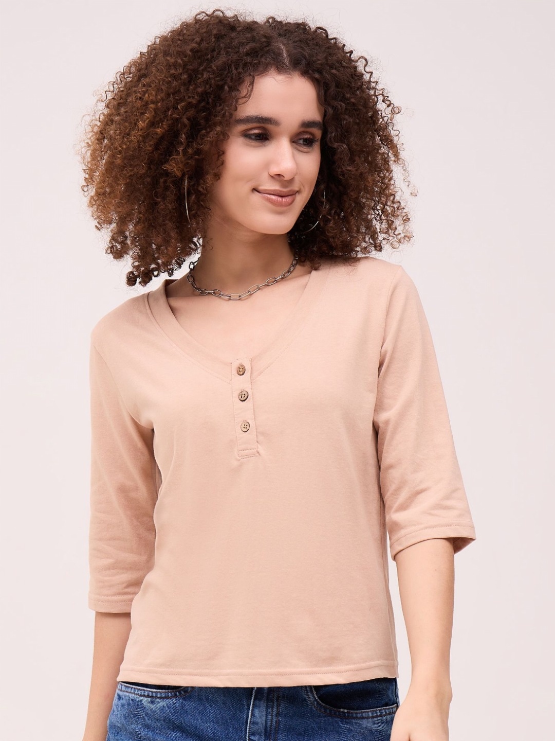 

Mayra Women Solid V-Neck Cotton T-shirt, Beige