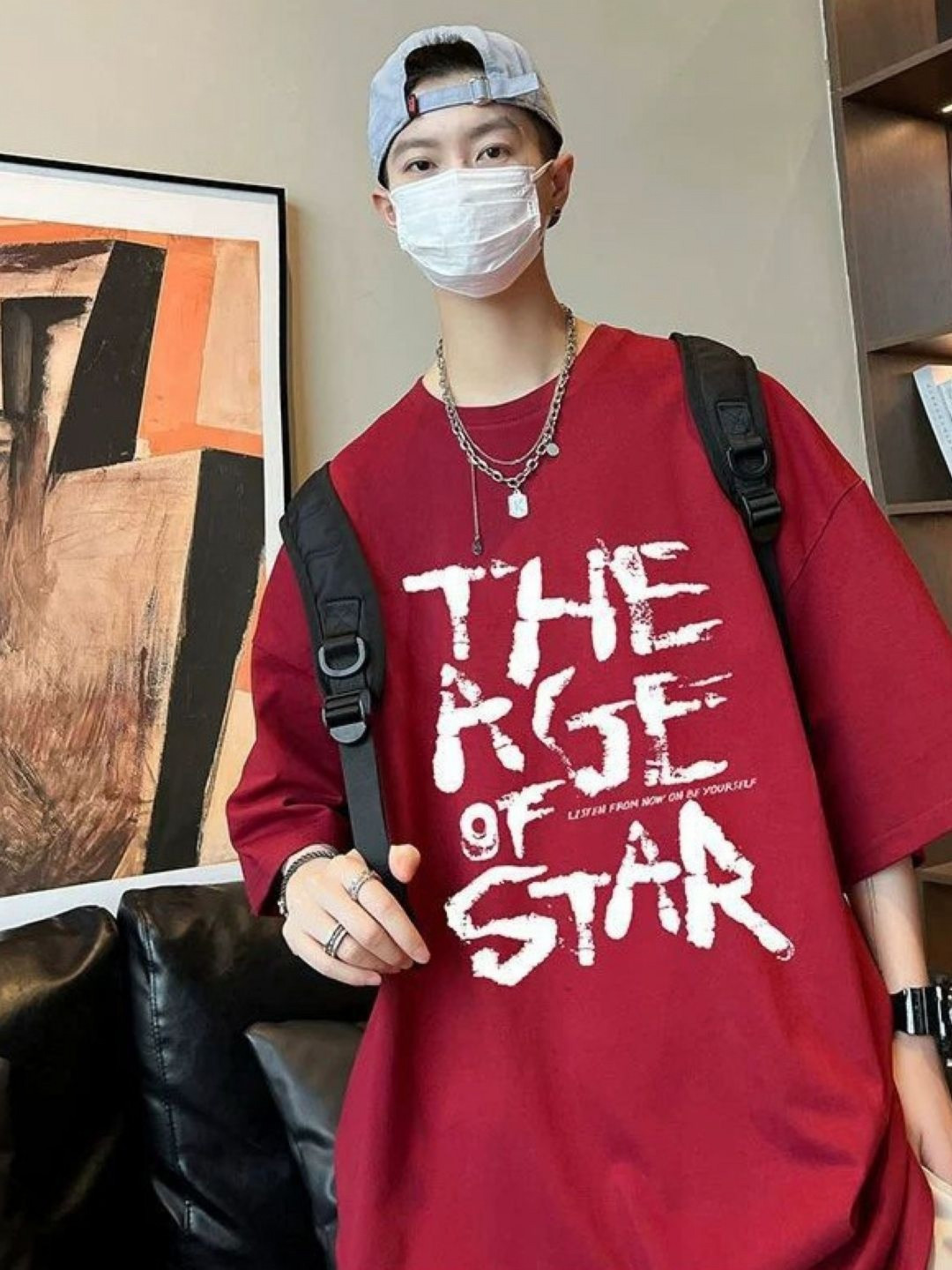 

HERE&NOW Men Typography Printed Round Neck Cotton Oversized T-shirt, Red