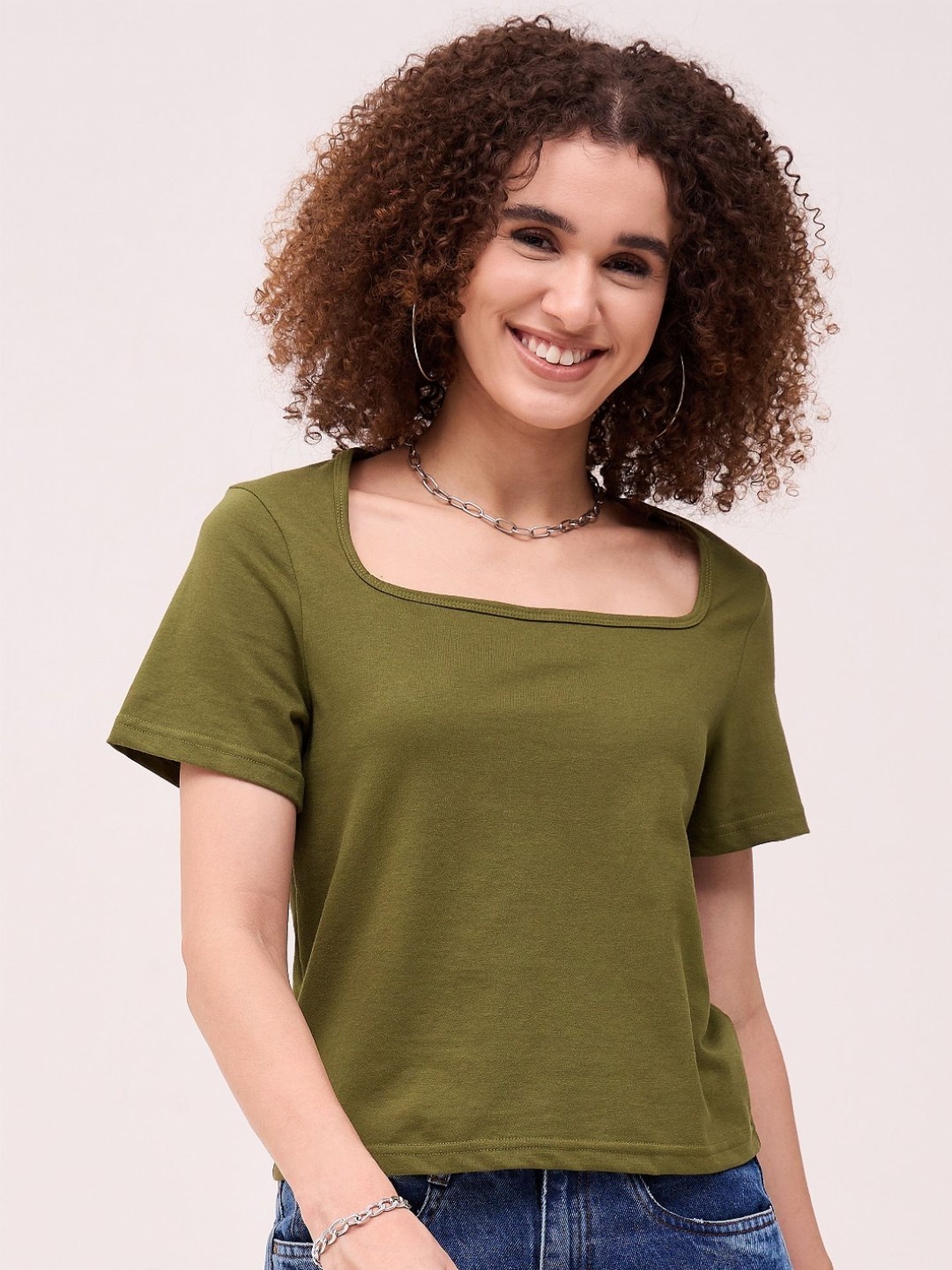 

Mayra Women Solid Scoop Neck Cotton T-shirt, Olive