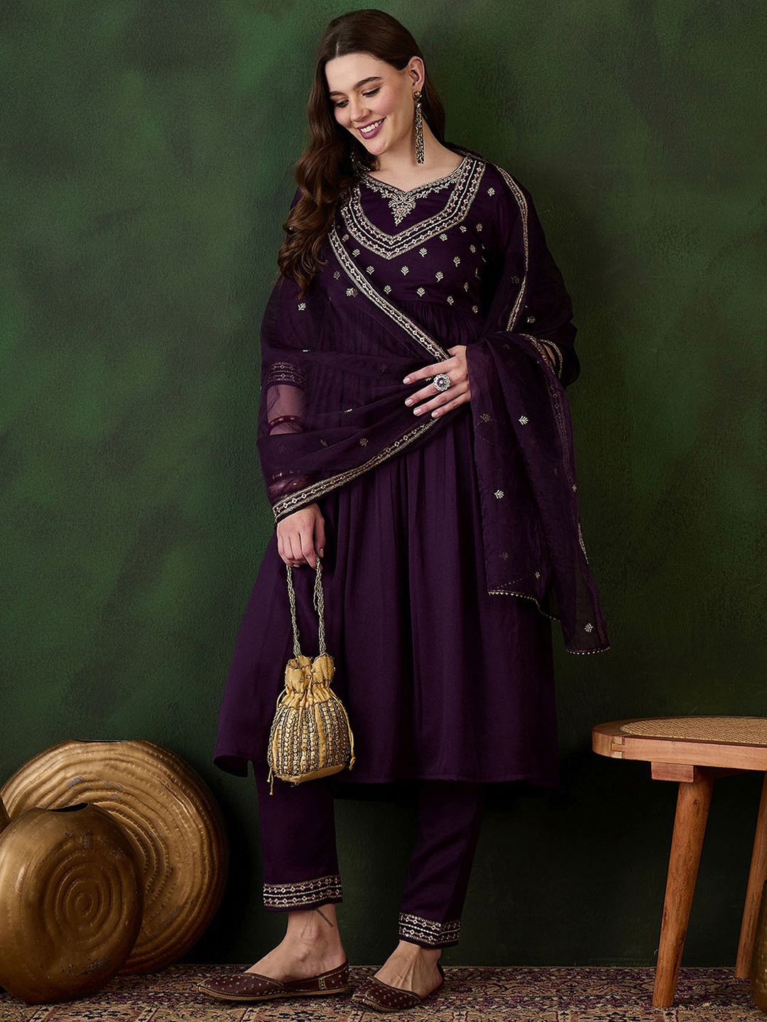 

Sangria Purple Floral Embroidered Zari Kurta With Trousers & Dupatta