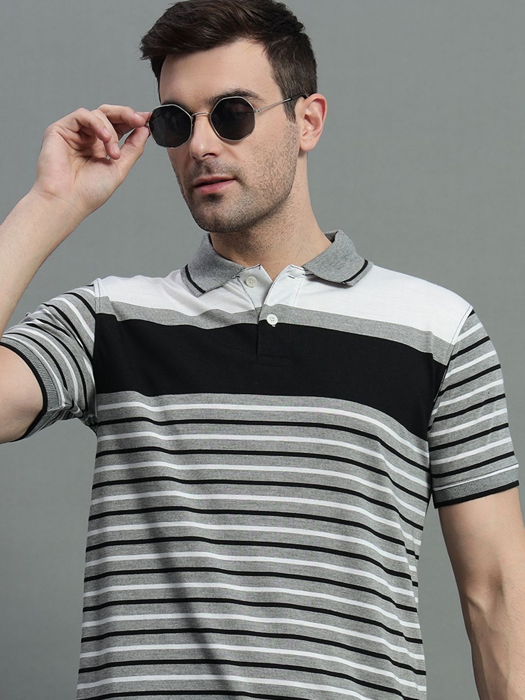 

GET GOLF Men Striped Polo Collar Cotton T-shirt, Grey