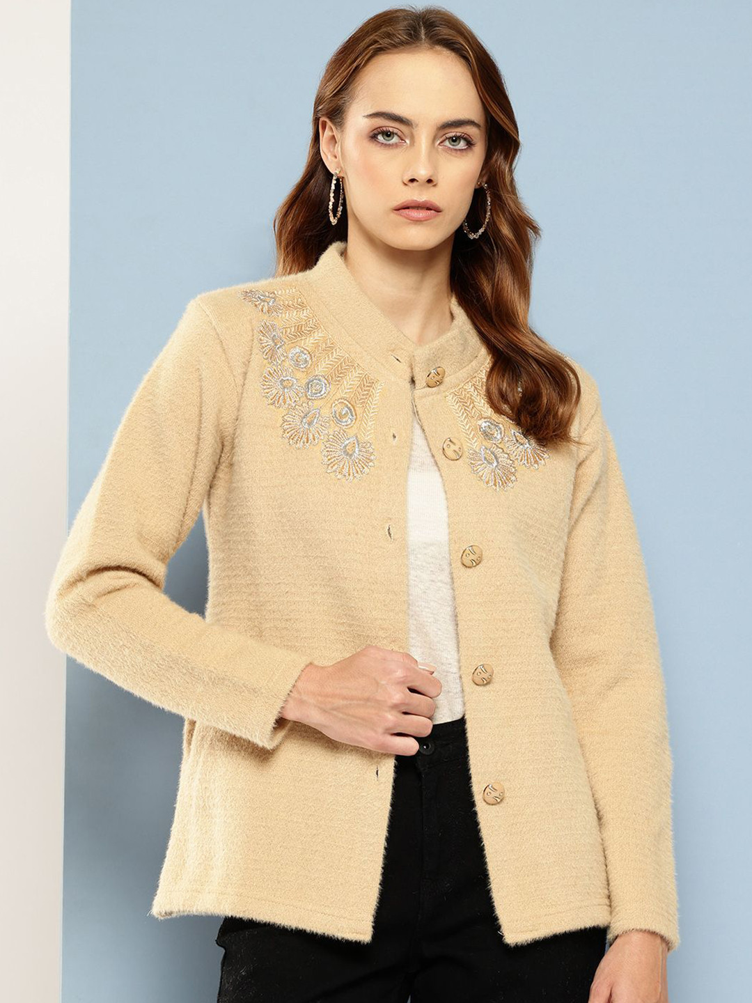 

BAESD Women Embroidered Woollen Cardigan, Beige