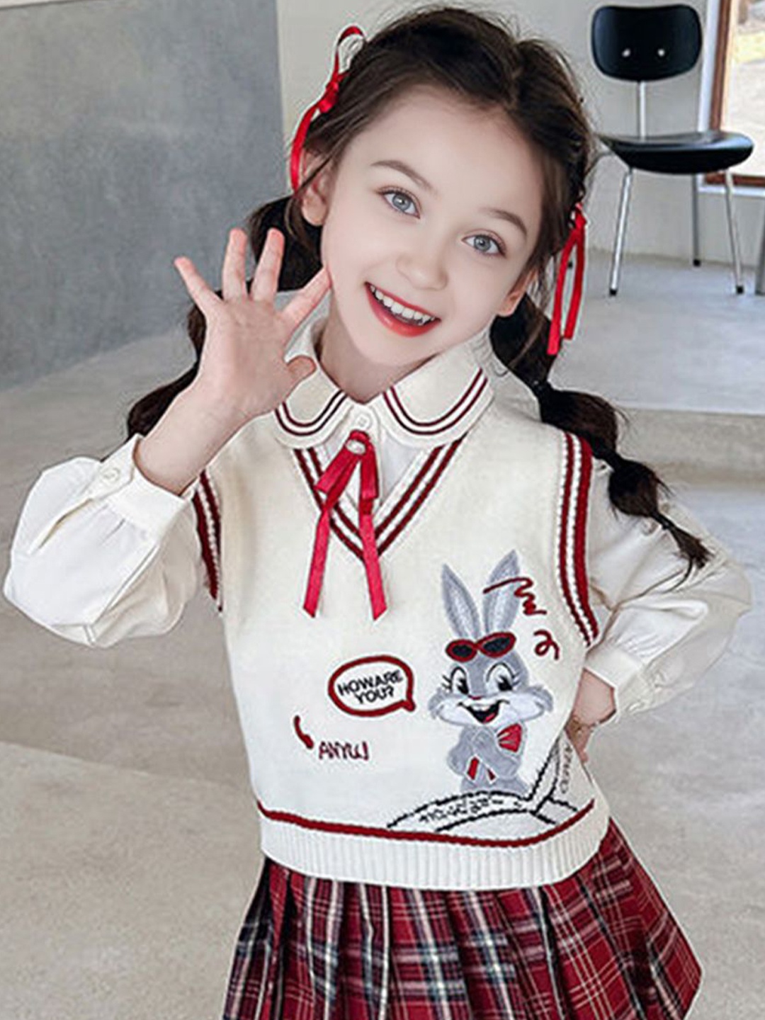 

INCLUD Girls Embroidered Sweater Vest, Beige