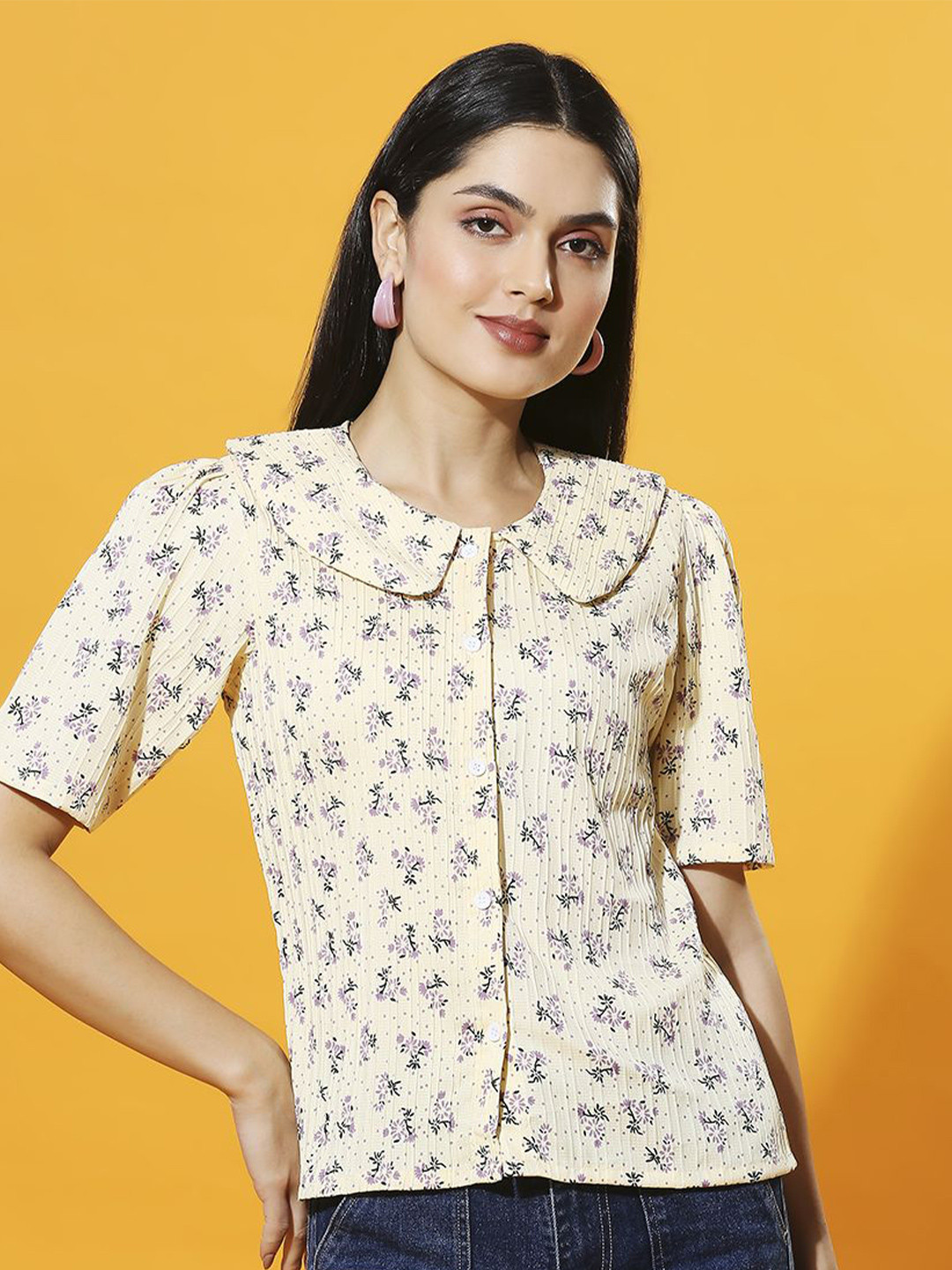 

HERE&NOW Women Floral Printed Peter Pan Collar Shirt Style Top, Yellow