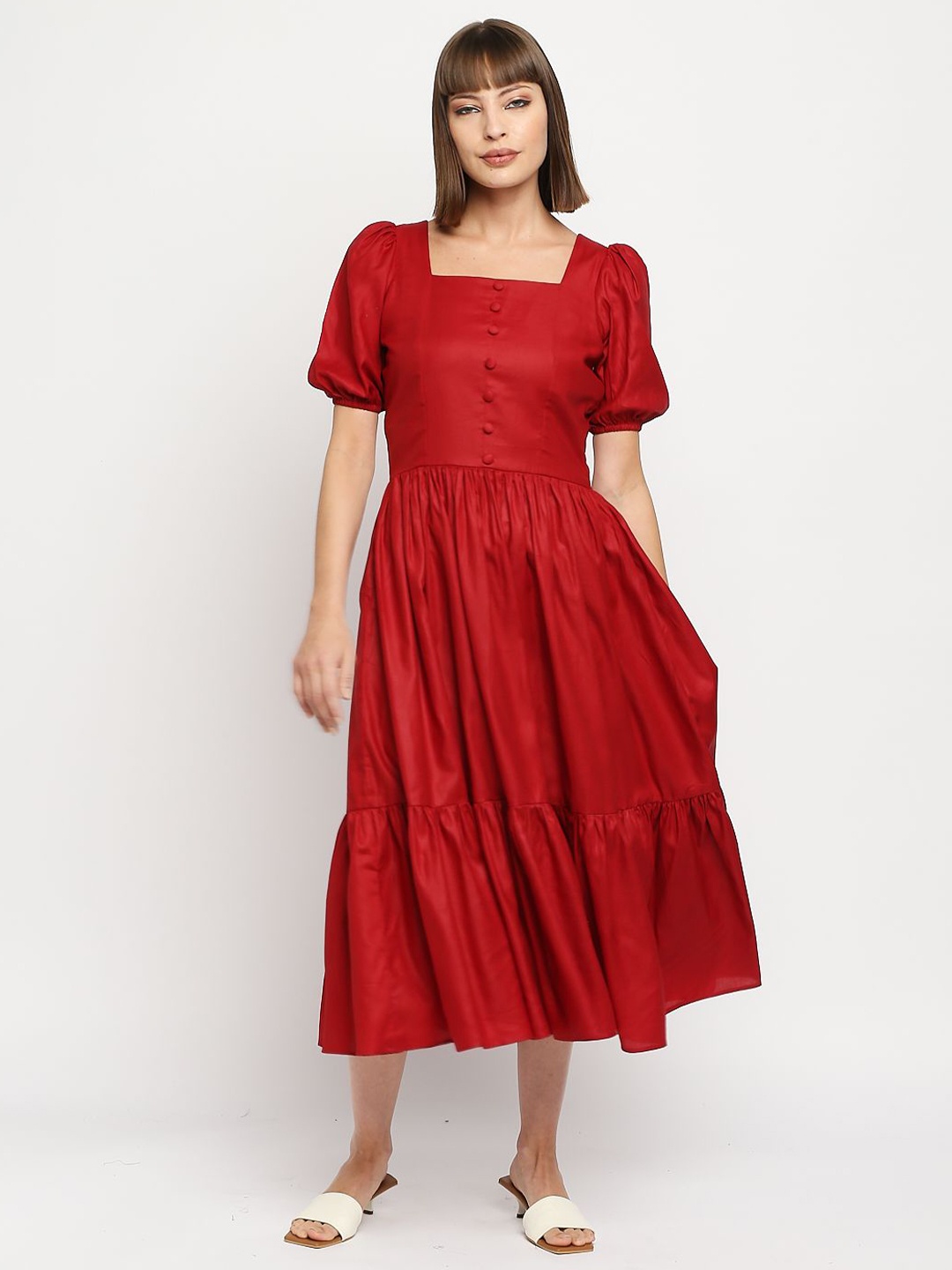 

AMMARZO Women Puff Sleeve Cotton Fit & Flare Midi Dress, Red