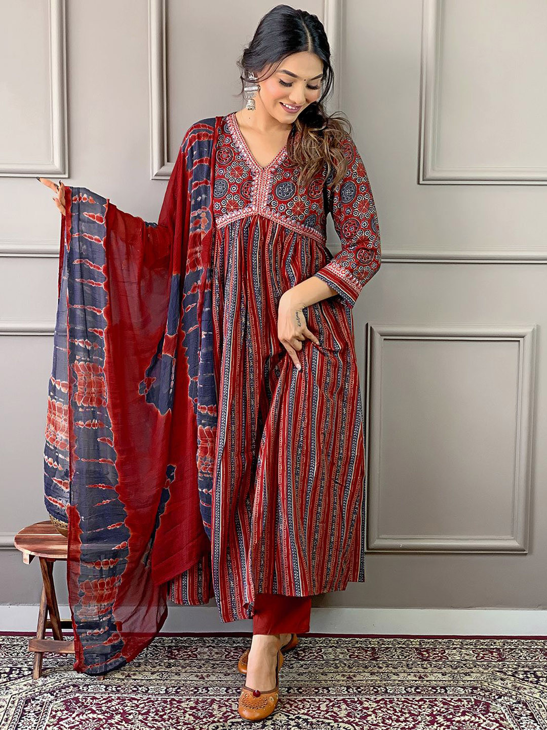 

KALINI Floral Printed V-Neck Pure Cotton Anarkali Kurta With Trousers & Dupatta, Maroon