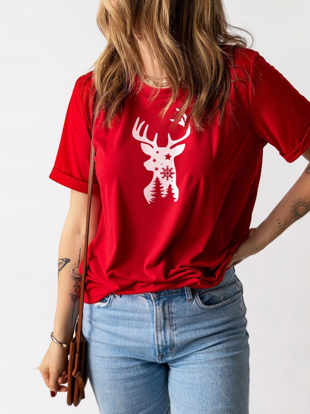 

BOMBAE TEES Women Floral V-Neck Bio Finish T-shirt, Red