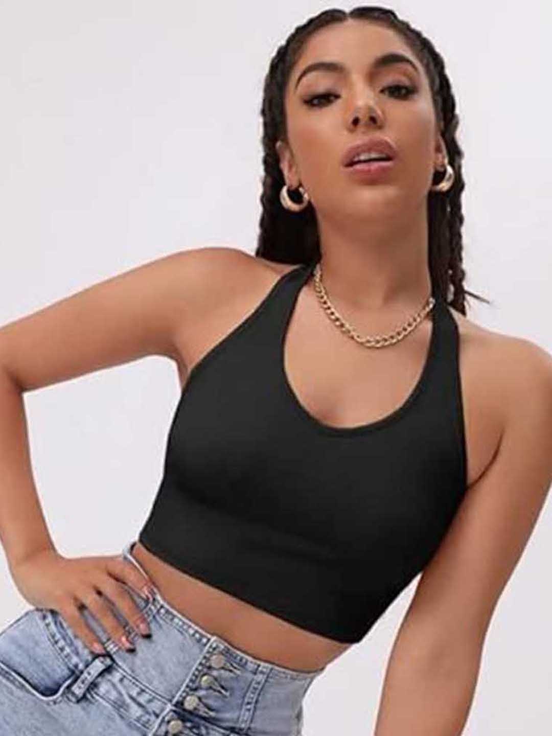

SRISARAS Halter Neck Cotton Tank Crop Top, Black