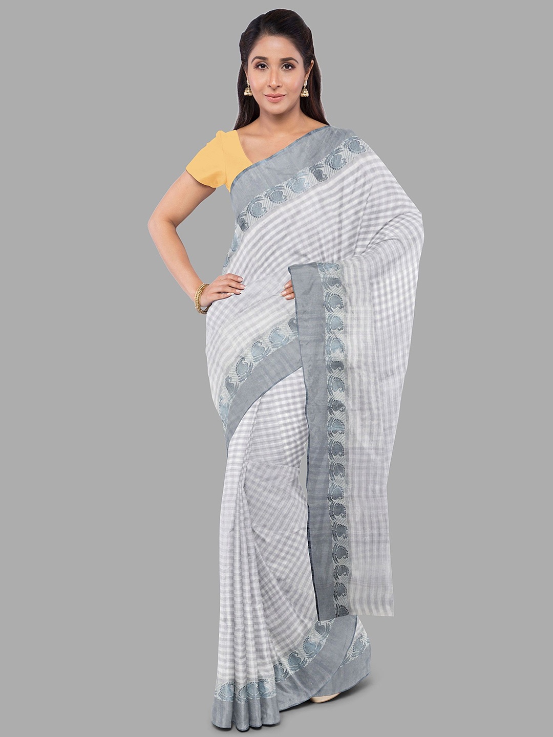 

The Chennai Silks Paisley Zari Pure Cotton Taant Saree, Grey