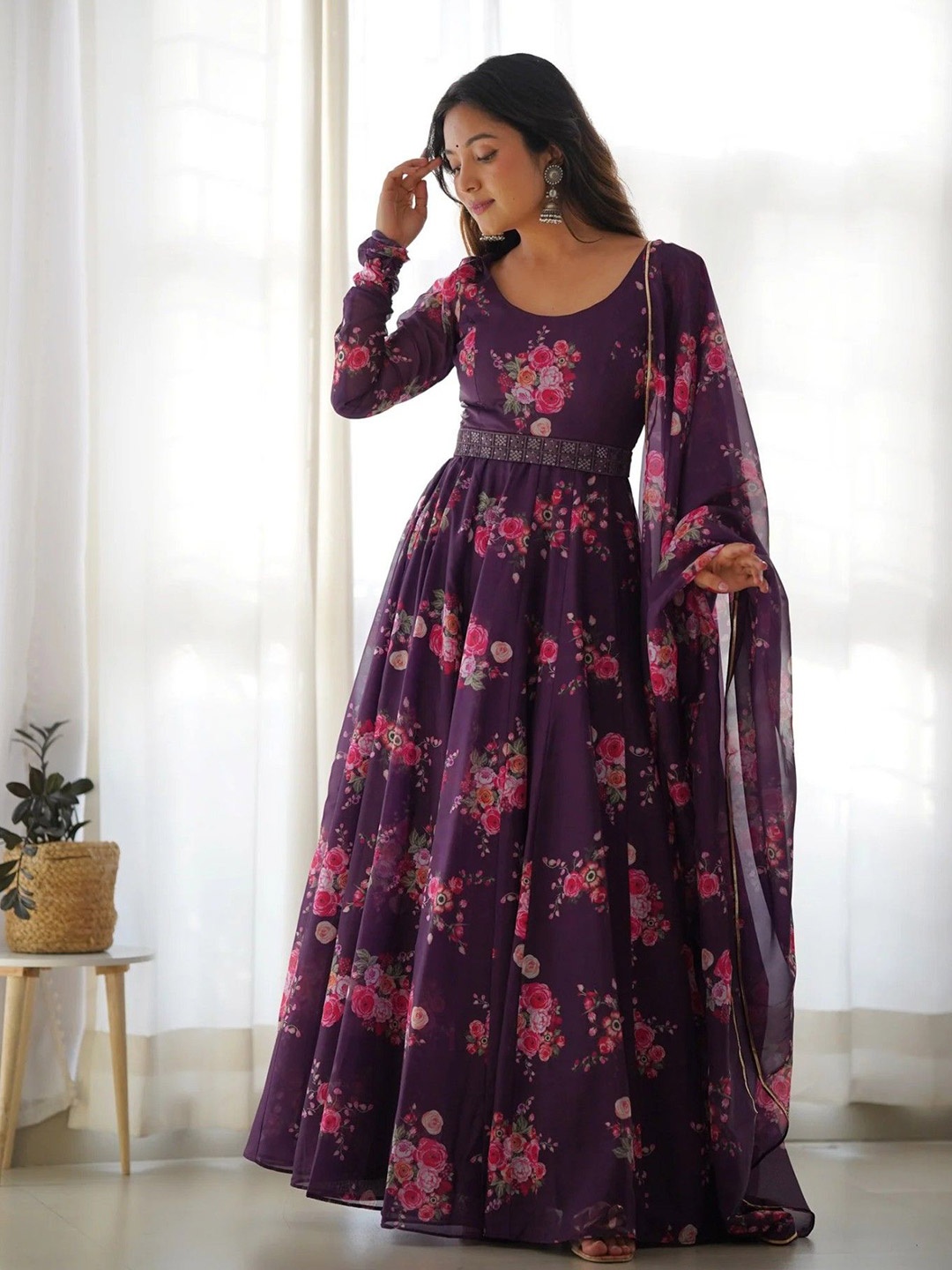 

Femvy Women Floral Printed Fit & Flare Maxi Ethnic Dresses, Purple